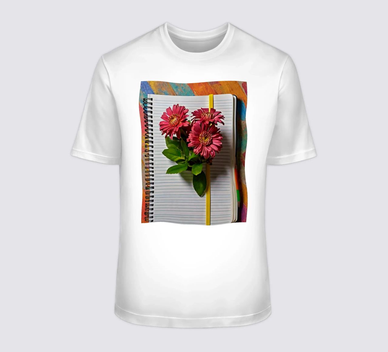 Un taccuino vivace con fiori rosa appoggiati in cima, che mette in mostra t-shirt da DesignDoodle