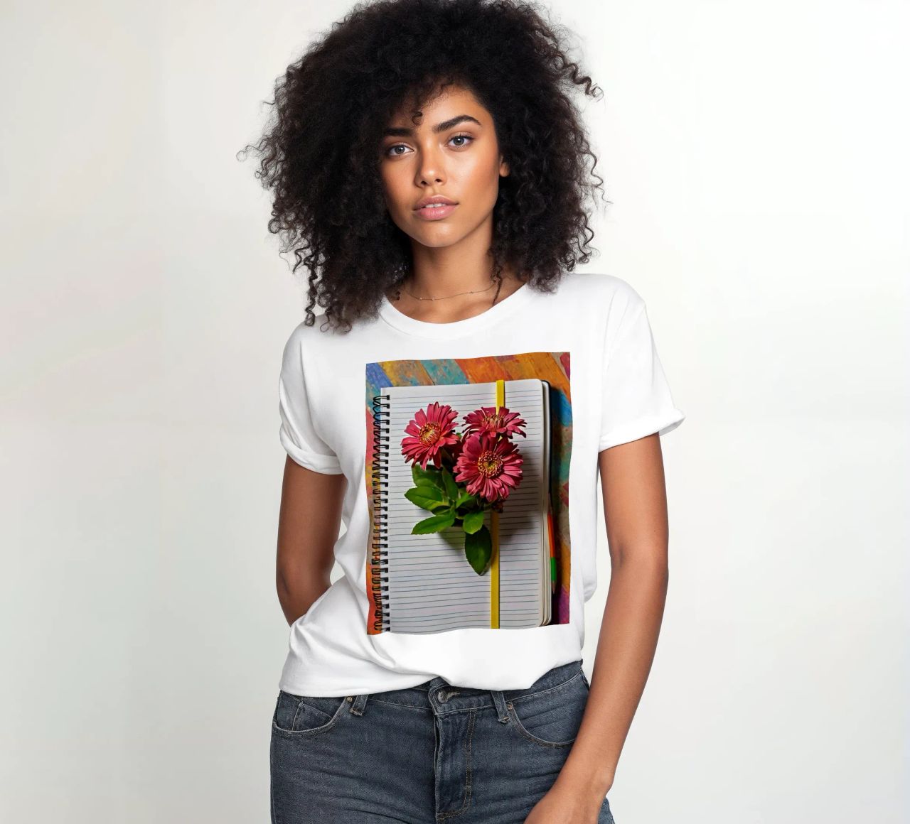 Un taccuino vivace con fiori rosa appoggiati in cima, che mette in mostra t-shirt da donna da DesignDoodle