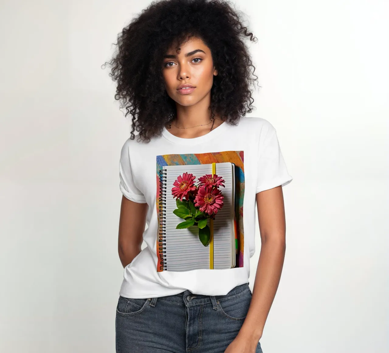 Un taccuino vivace con fiori rosa appoggiati in cima, che mette in mostra t-shirt da donna da DesignDoodle