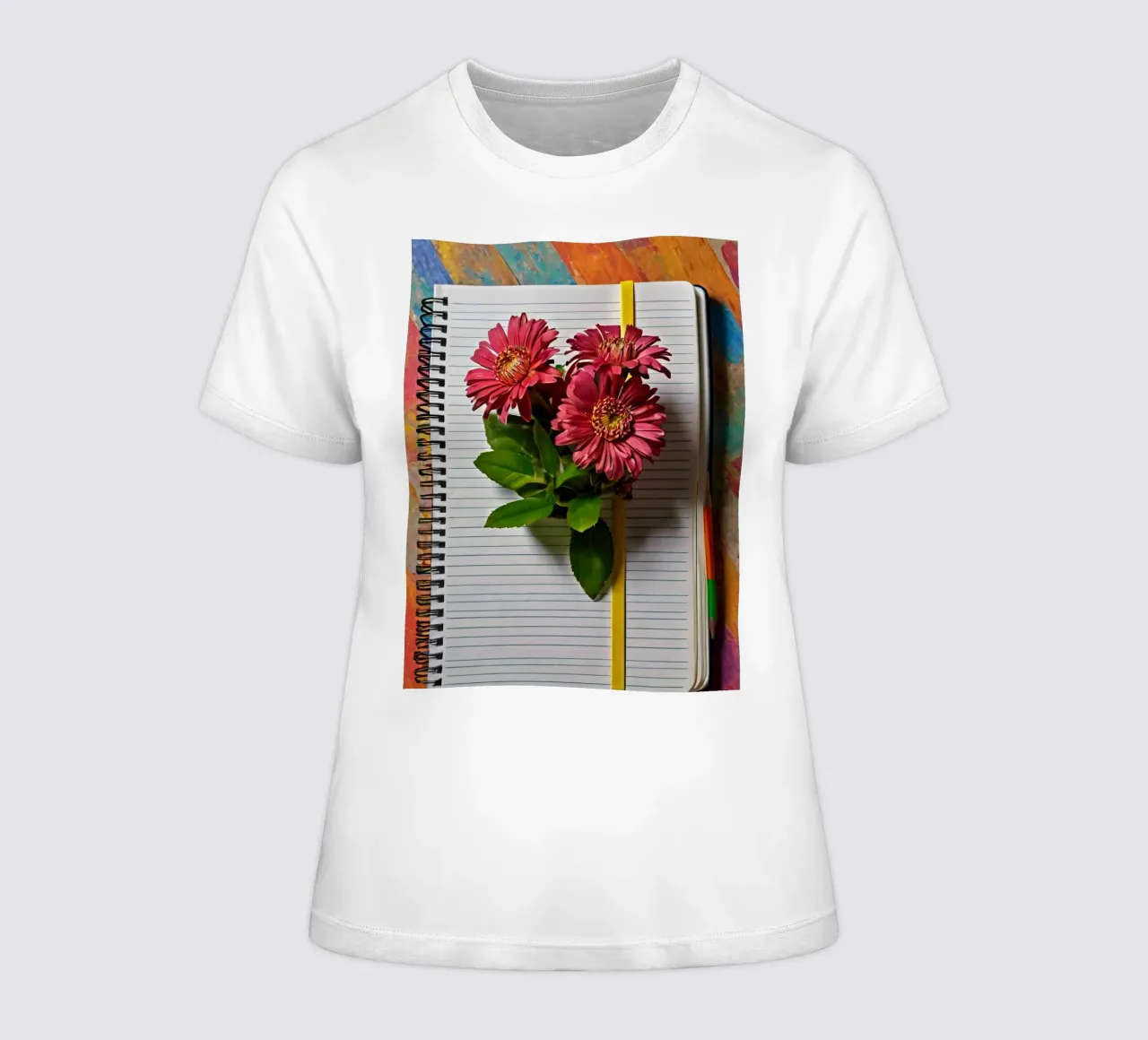 Un taccuino vivace con fiori rosa appoggiati in cima, che mette in mostra t-shirt da donna da DesignDoodle