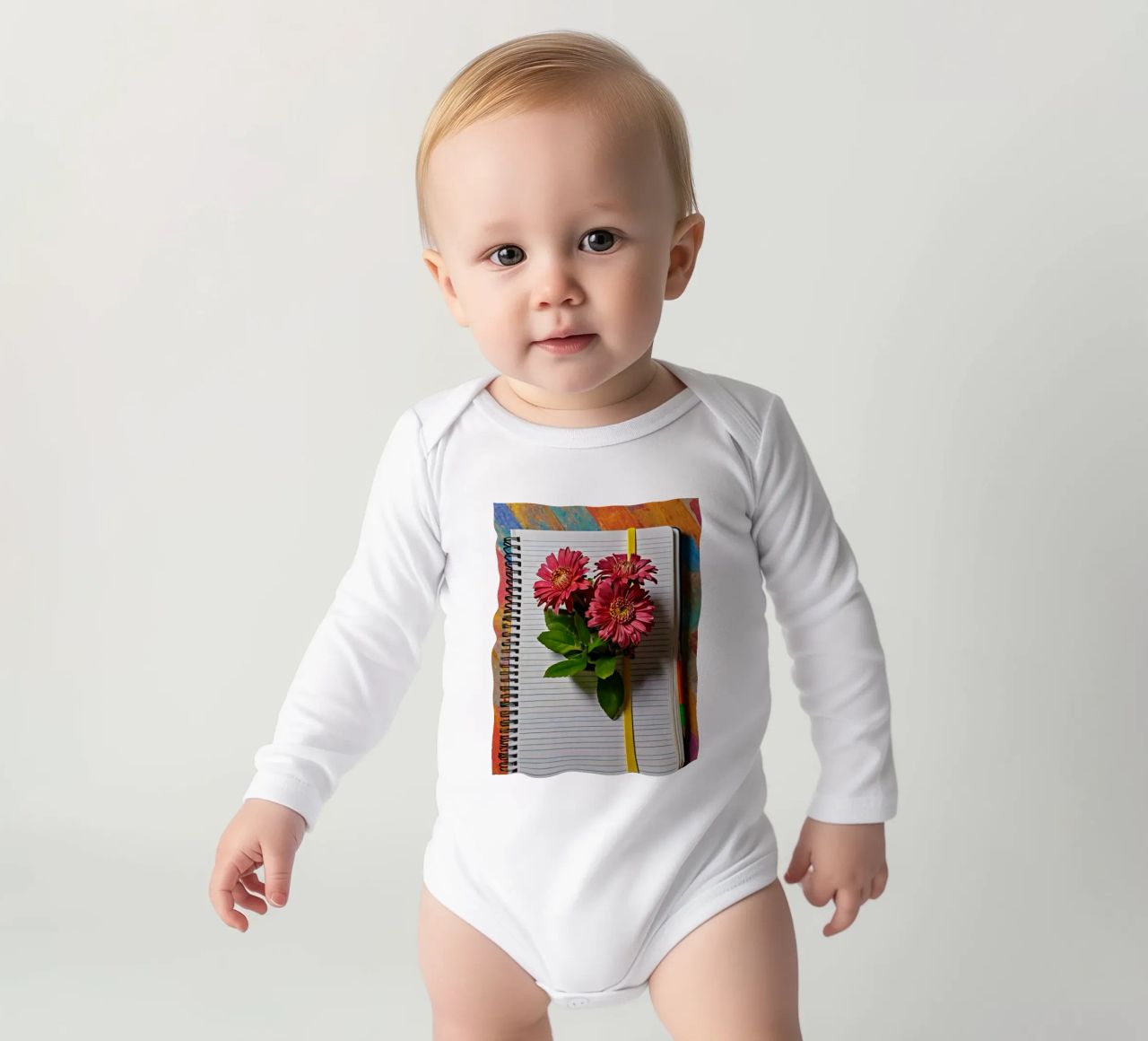 Un taccuino vivace con fiori rosa appoggiati in cima, che mette in mostra body neonato maniche lunghe da DesignDoodle