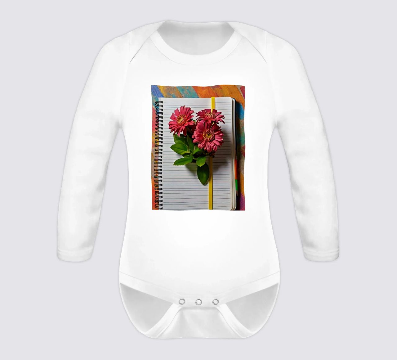 Un taccuino vivace con fiori rosa appoggiati in cima, che mette in mostra body neonato maniche lunghe da DesignDoodle