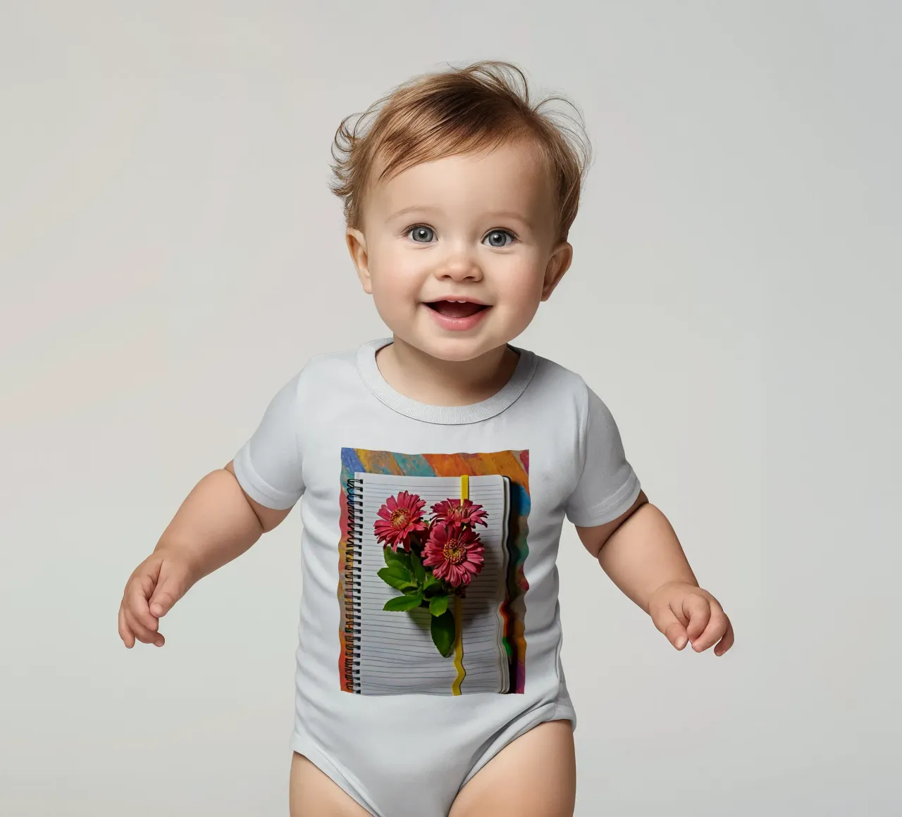 Un taccuino vivace con fiori rosa appoggiati in cima, che mette in mostra body neonato maniche corte da DesignDoodle