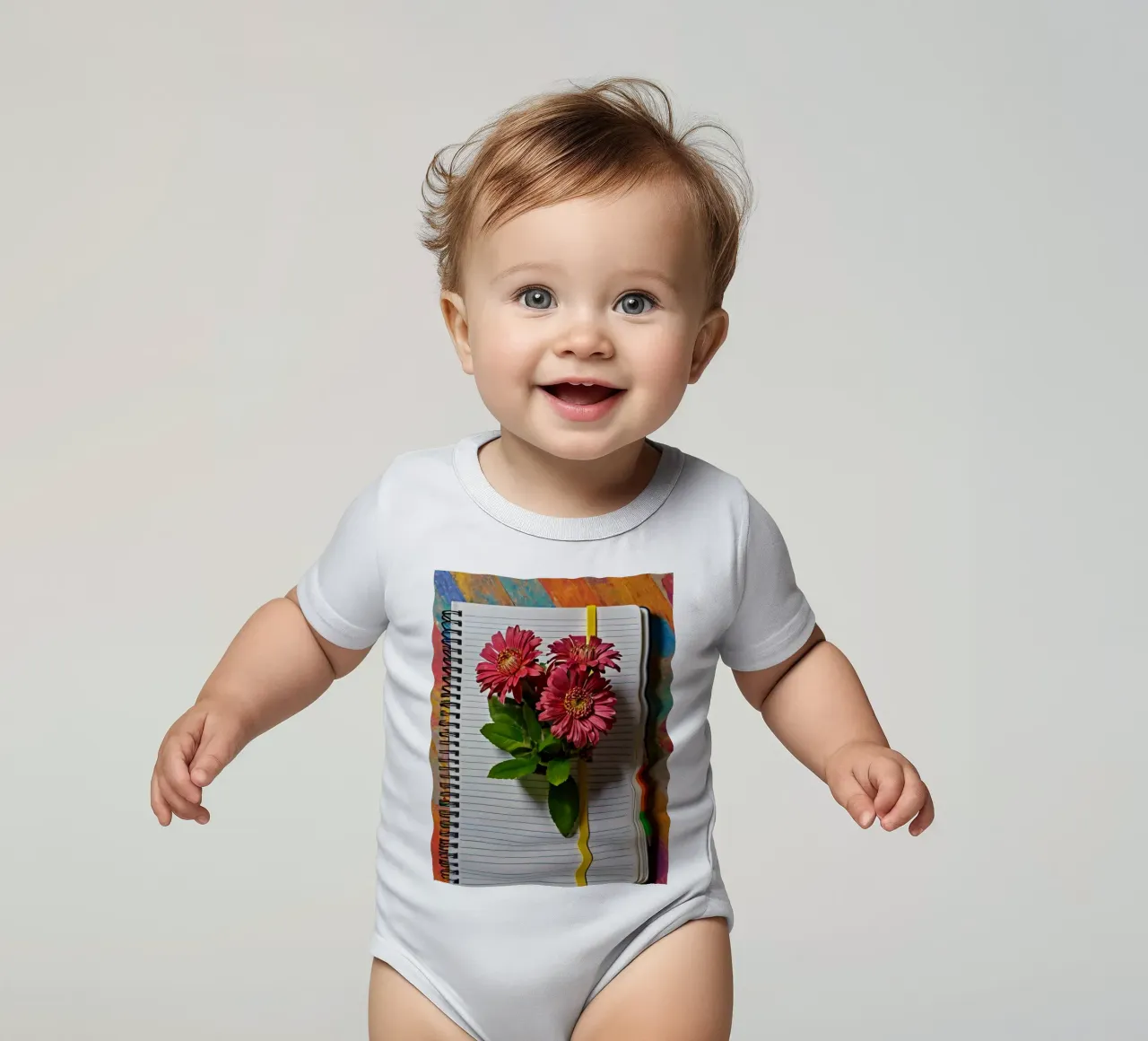 Ein leuchtendes Notizbuch mit rosafarbenen Blumen auf dem Kopf, die Kurzarm Babybody von DesignDoodle