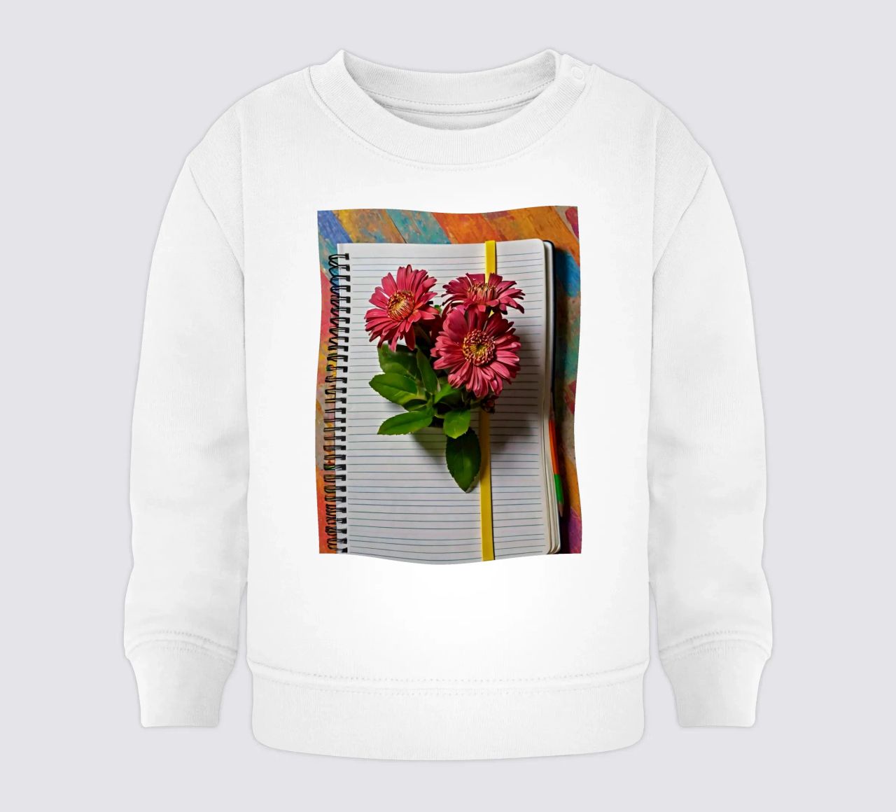 Un taccuino vivace con fiori rosa appoggiati in cima, che mette in mostra felpa neonato da DesignDoodle
