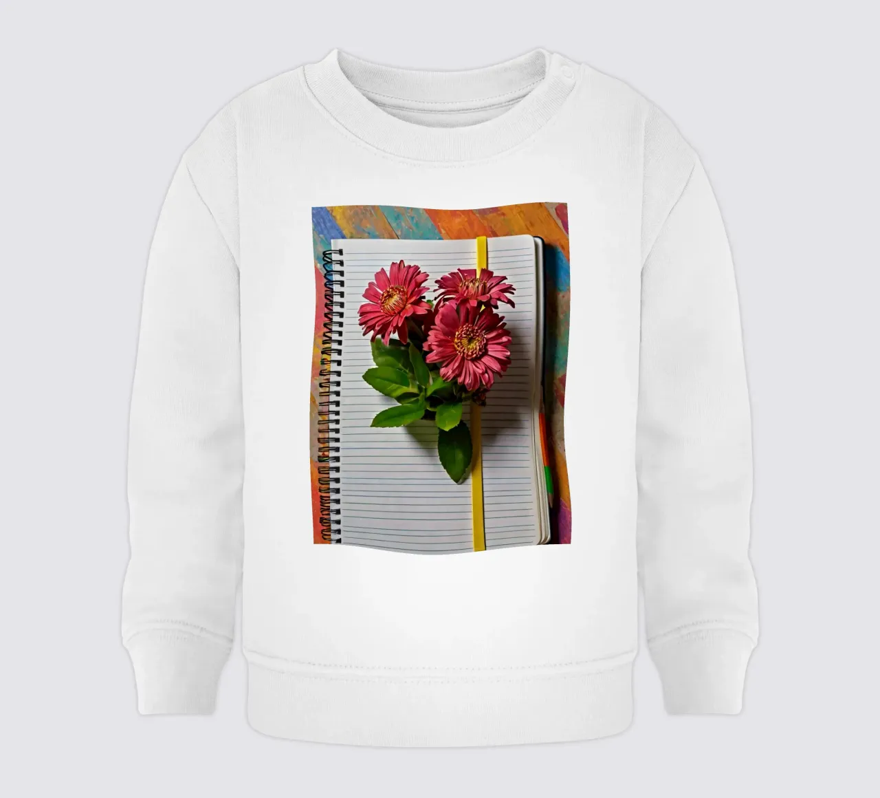 Un taccuino vivace con fiori rosa appoggiati in cima, che mette in mostra felpa neonato da DesignDoodle