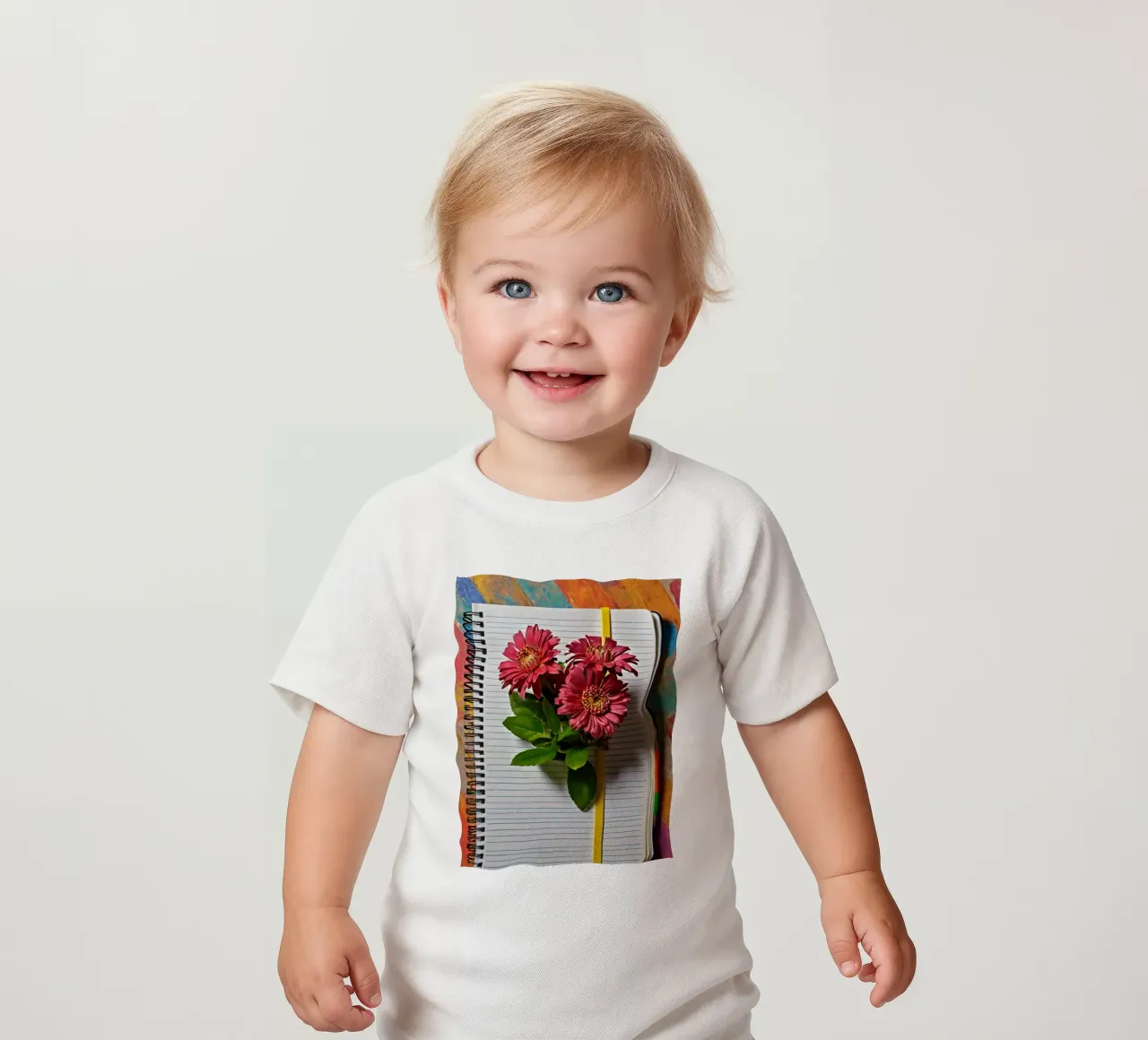 Un taccuino vivace con fiori rosa appoggiati in cima, che mette in mostra maglietta neonato da DesignDoodle