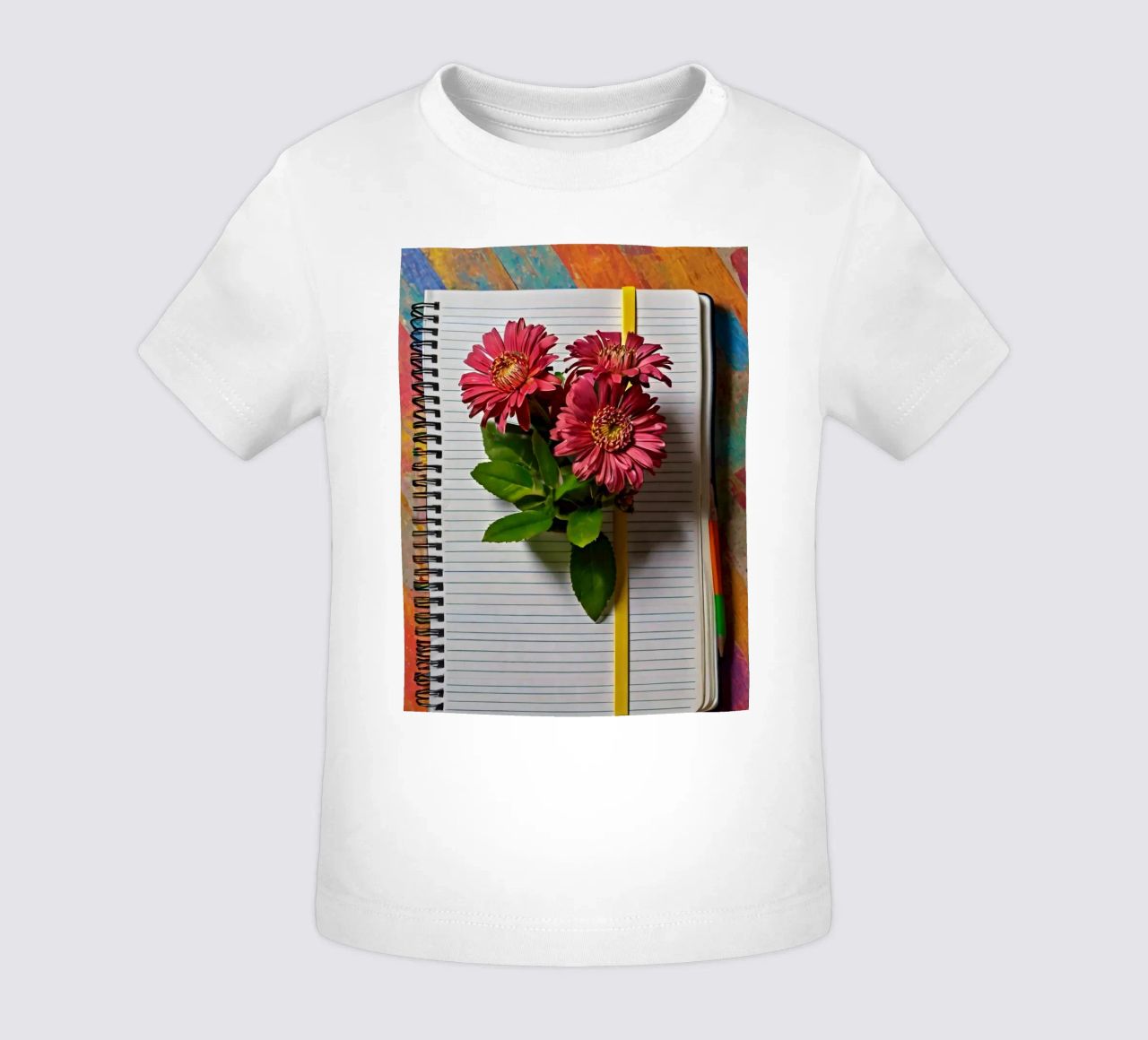 Un taccuino vivace con fiori rosa appoggiati in cima, che mette in mostra maglietta neonato da DesignDoodle