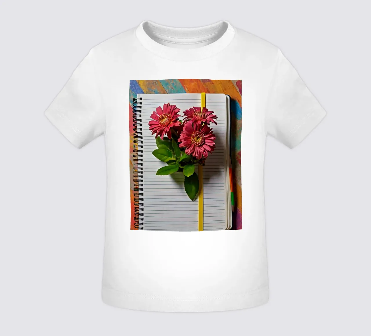 A vibrant notebook with pink flowers resting atop, showcasin baby t-shirt by DesignDoodle