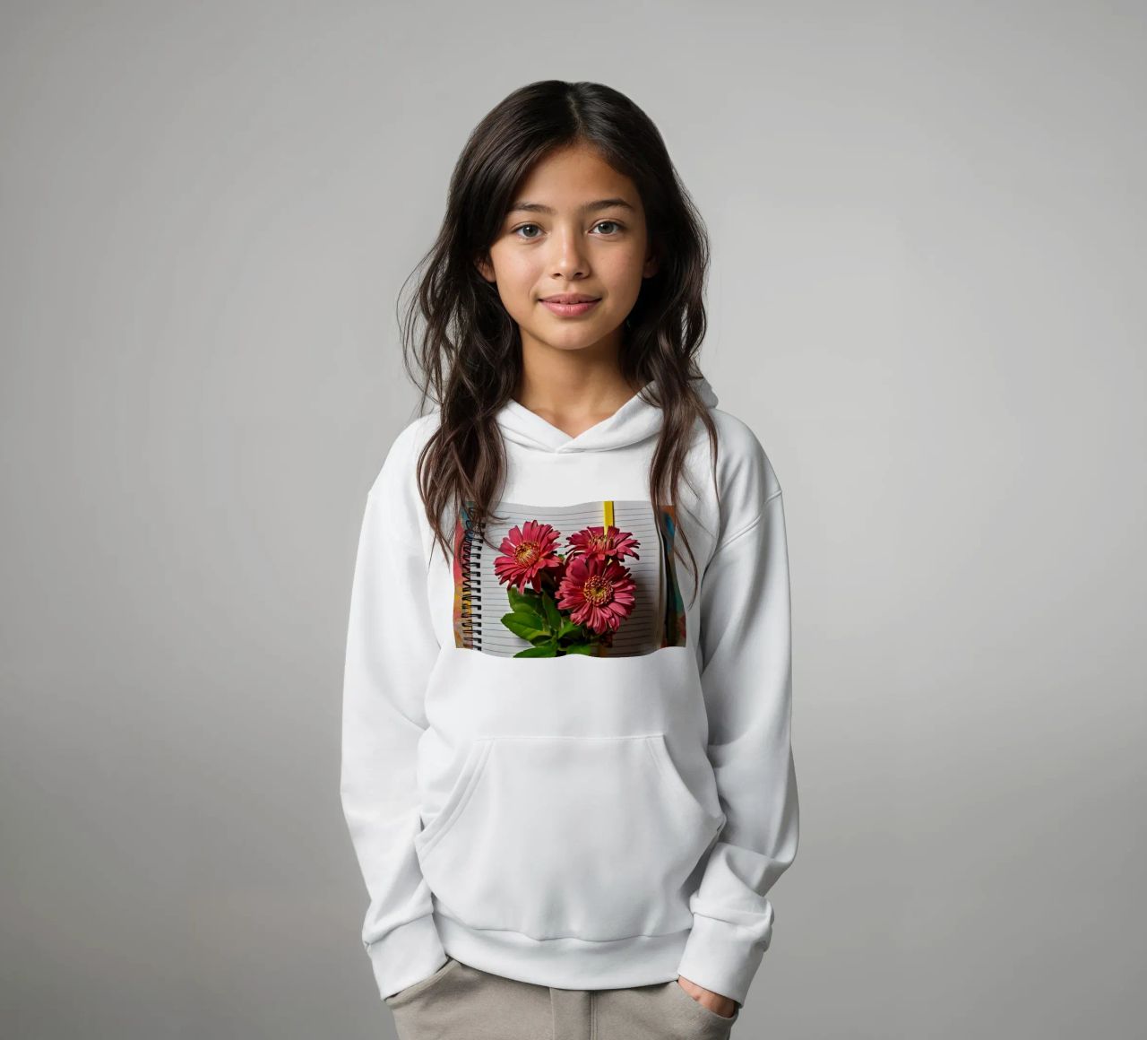 Un taccuino vivace con fiori rosa appoggiati in cima, che mette in mostra felpa bambino con cappuccio da DesignDoodle