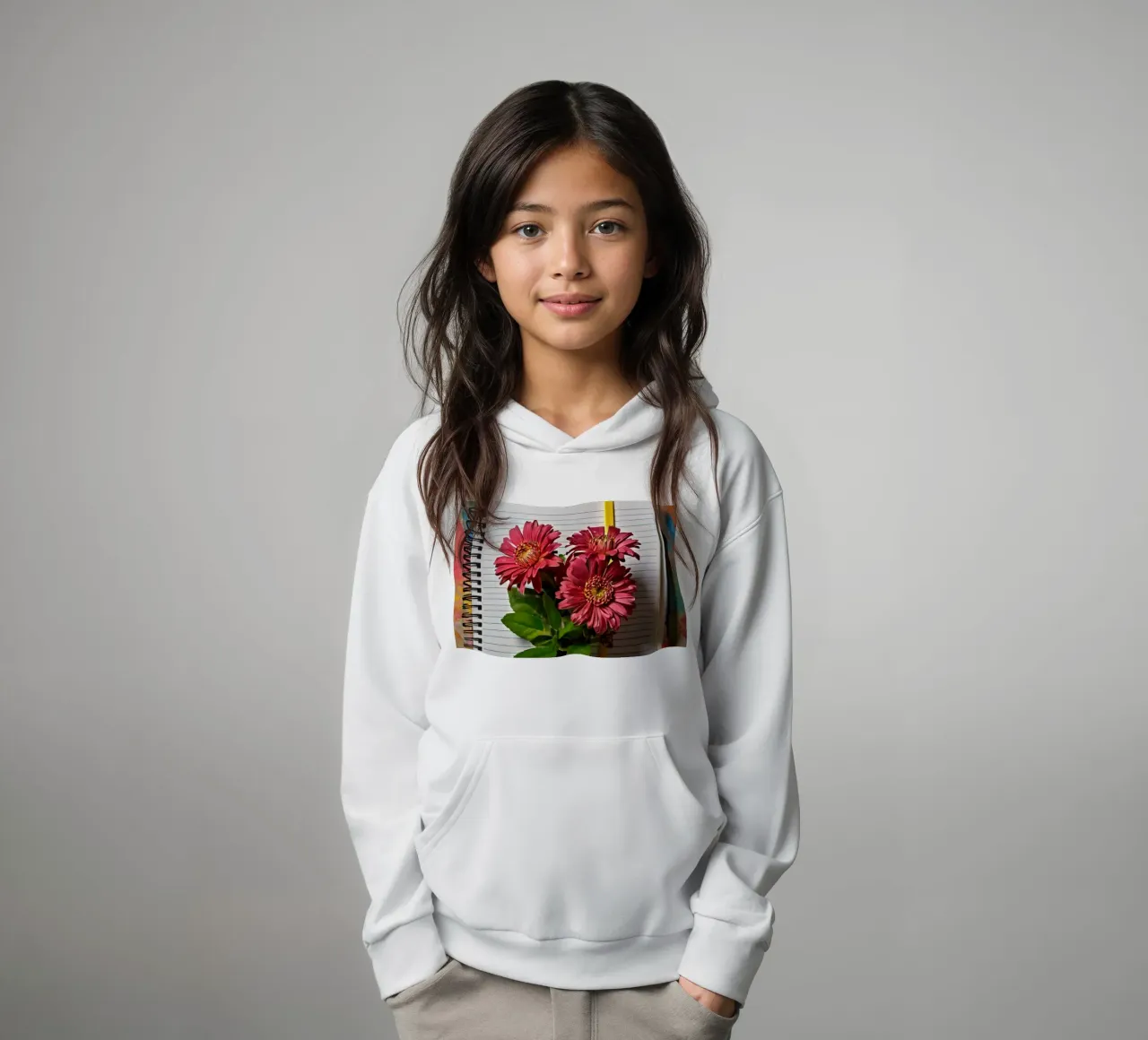 Un taccuino vivace con fiori rosa appoggiati in cima, che mette in mostra felpa bambino con cappuccio da DesignDoodle