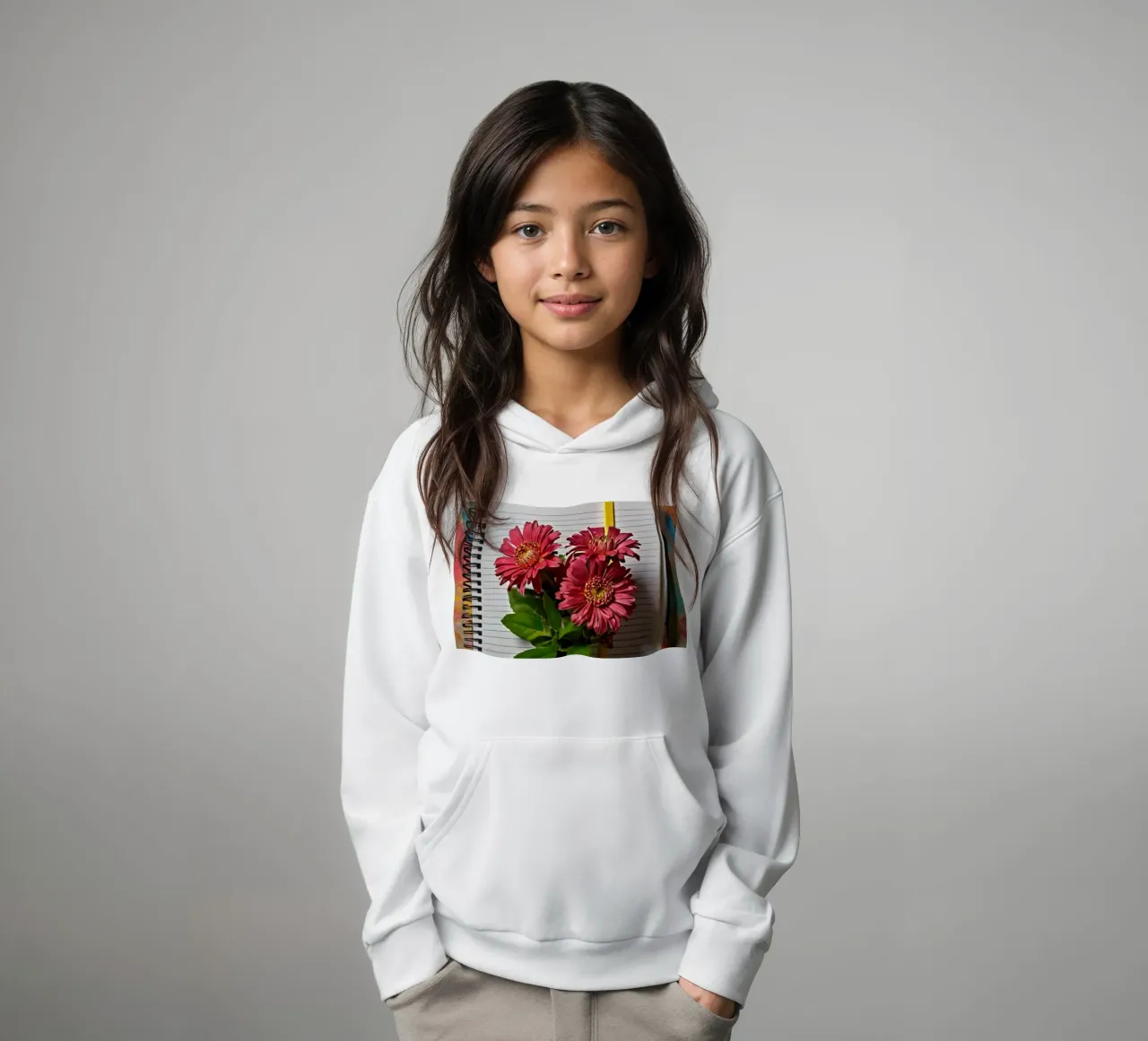 Ein leuchtendes Notizbuch mit rosafarbenen Blumen auf dem Kopf, die Kinder Hoodie von DesignDoodle
