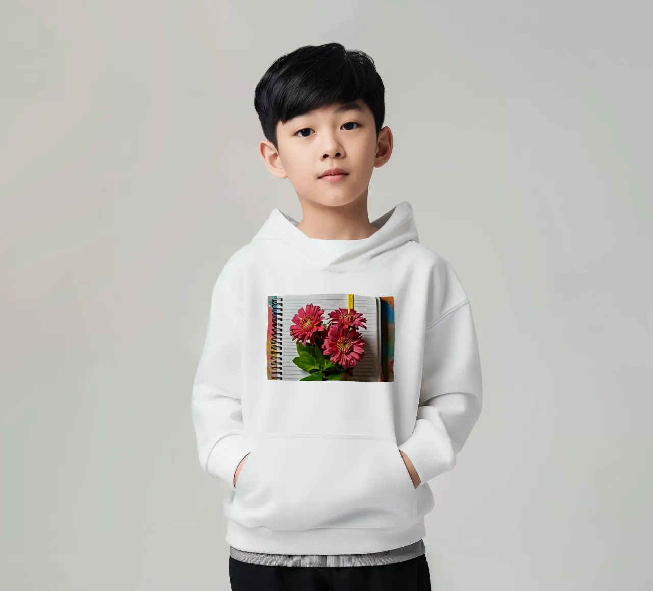 Un taccuino vivace con fiori rosa appoggiati in cima, che mette in mostra felpa bambino con cappuccio da DesignDoodle