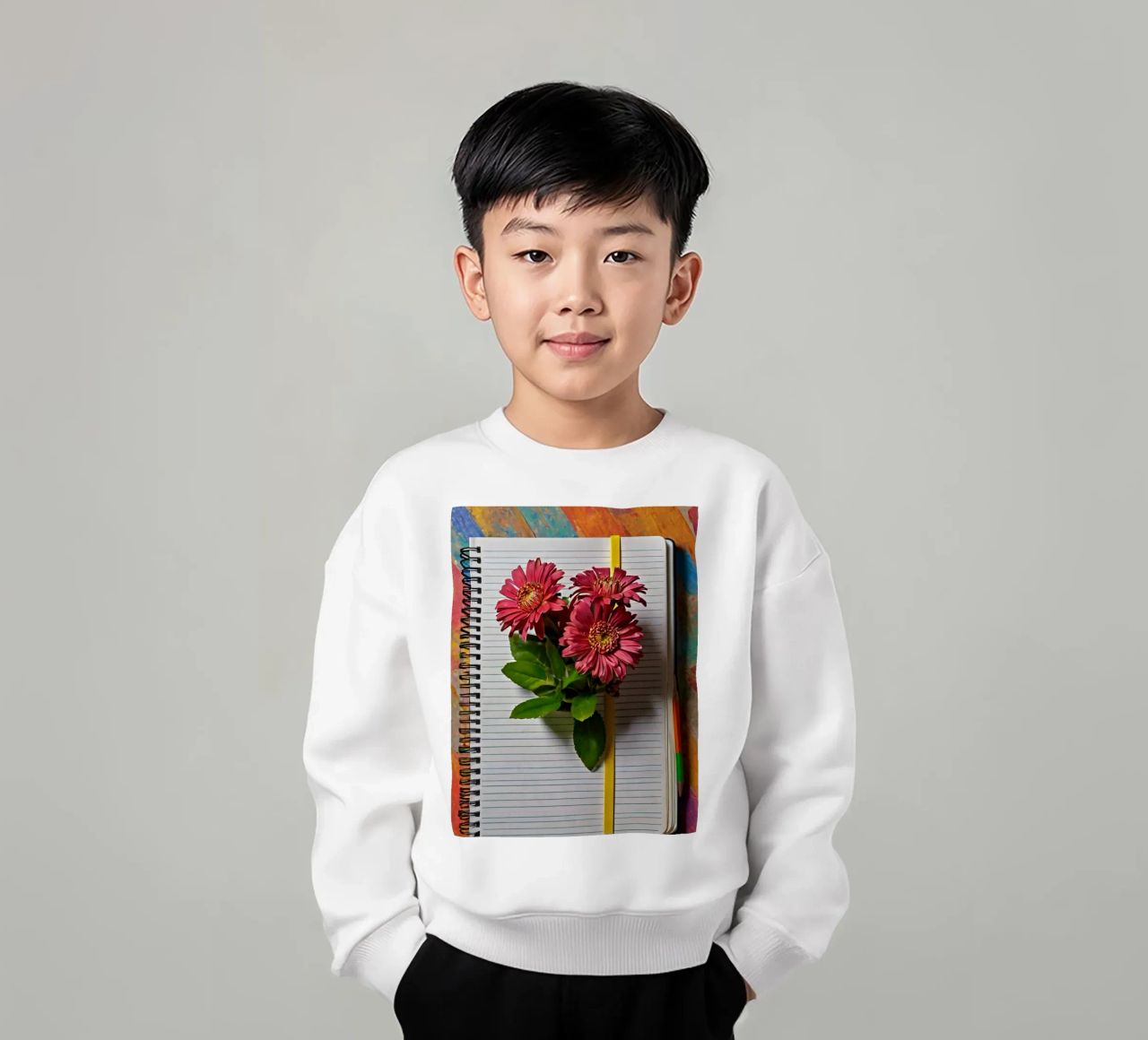 Un taccuino vivace con fiori rosa appoggiati in cima, che mette in mostra felpa bambino da DesignDoodle