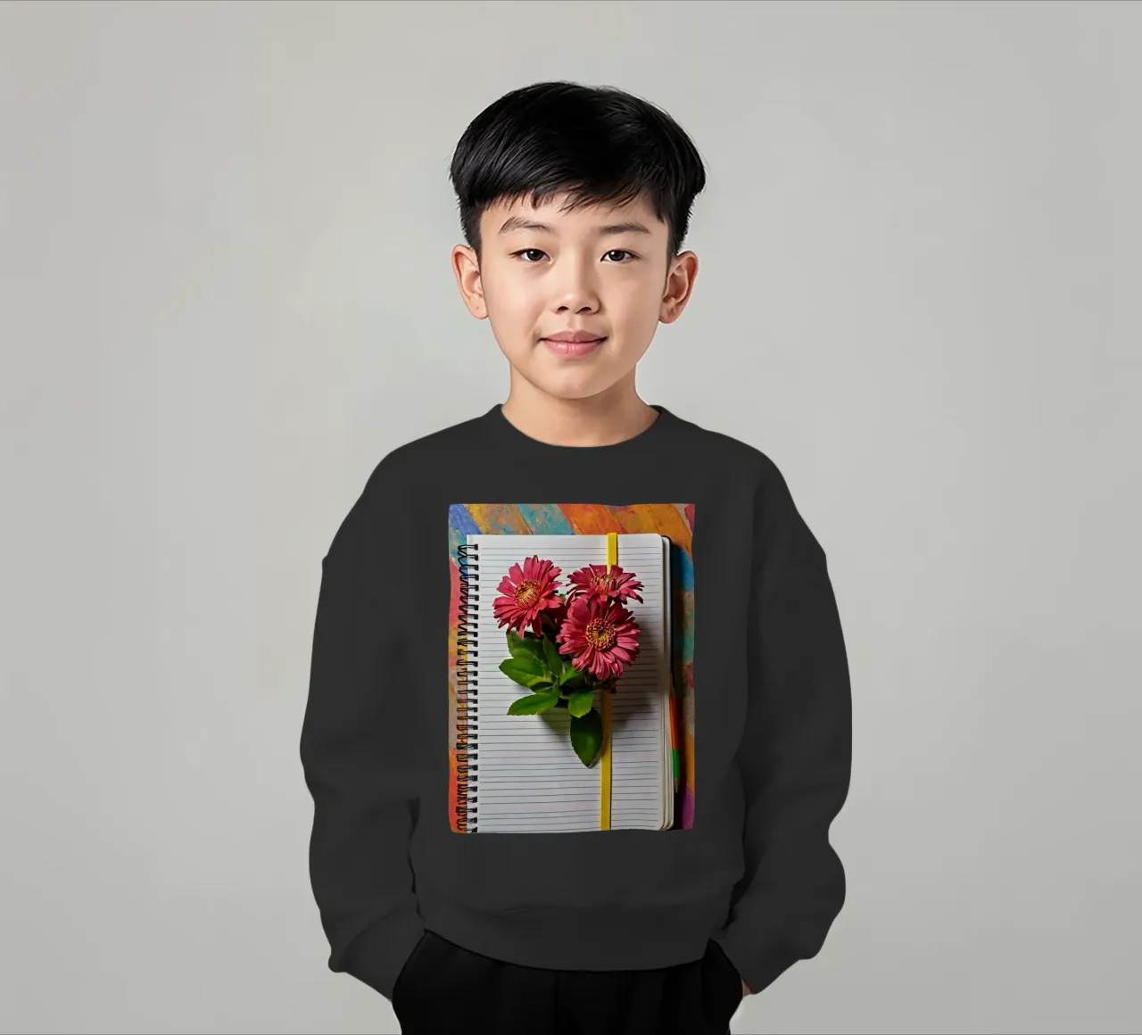 Un taccuino vivace con fiori rosa appoggiati in cima, che mette in mostra felpa bambino da DesignDoodle