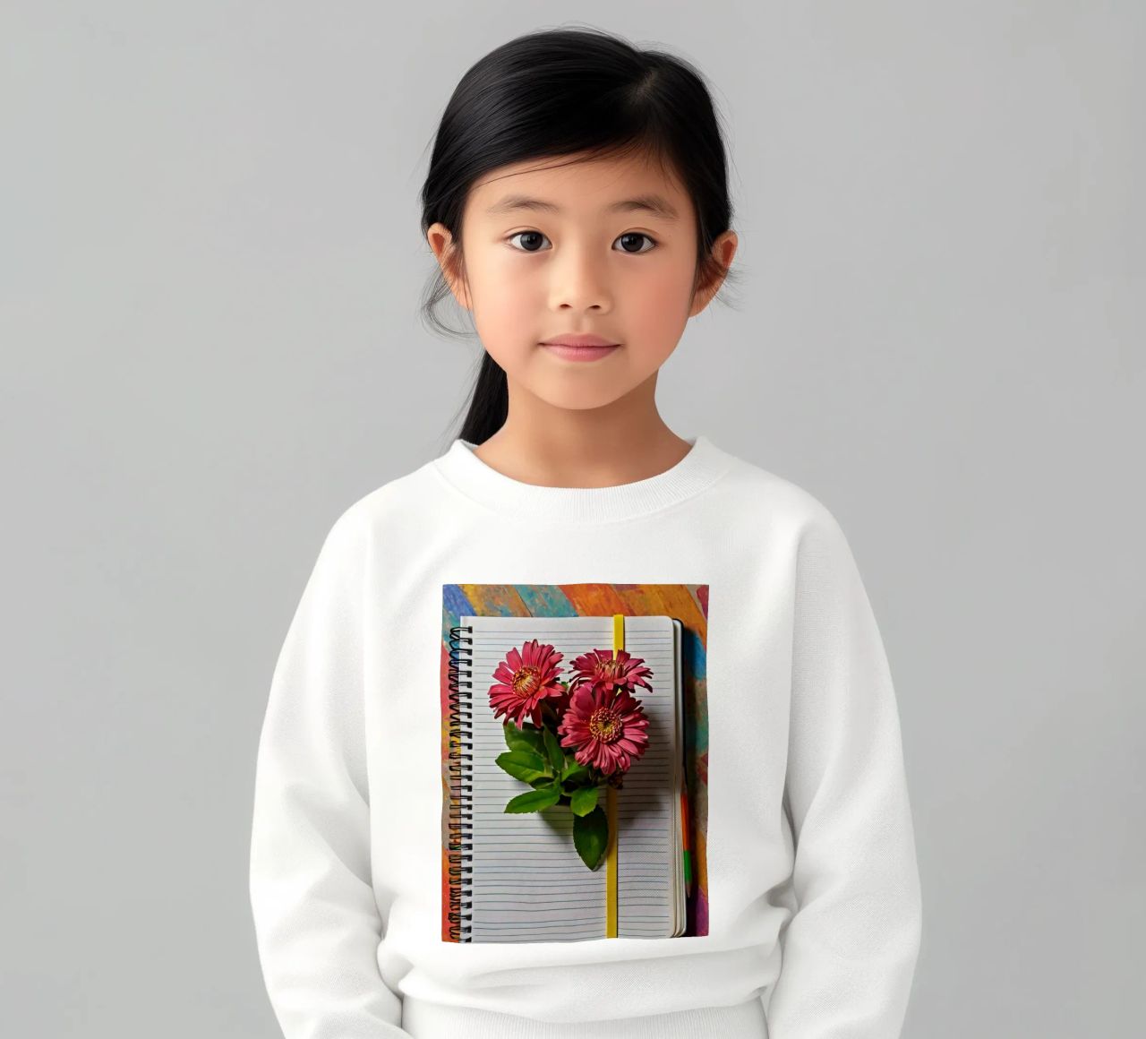 Un taccuino vivace con fiori rosa appoggiati in cima, che mette in mostra felpa bambino da DesignDoodle