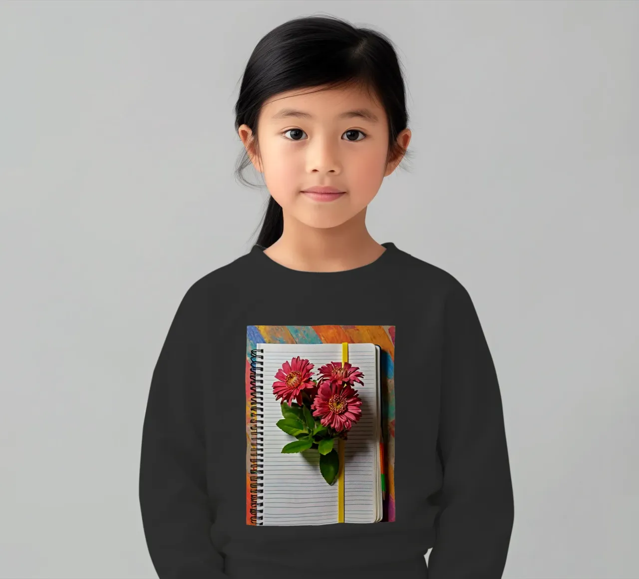 Un taccuino vivace con fiori rosa appoggiati in cima, che mette in mostra felpa bambino da DesignDoodle