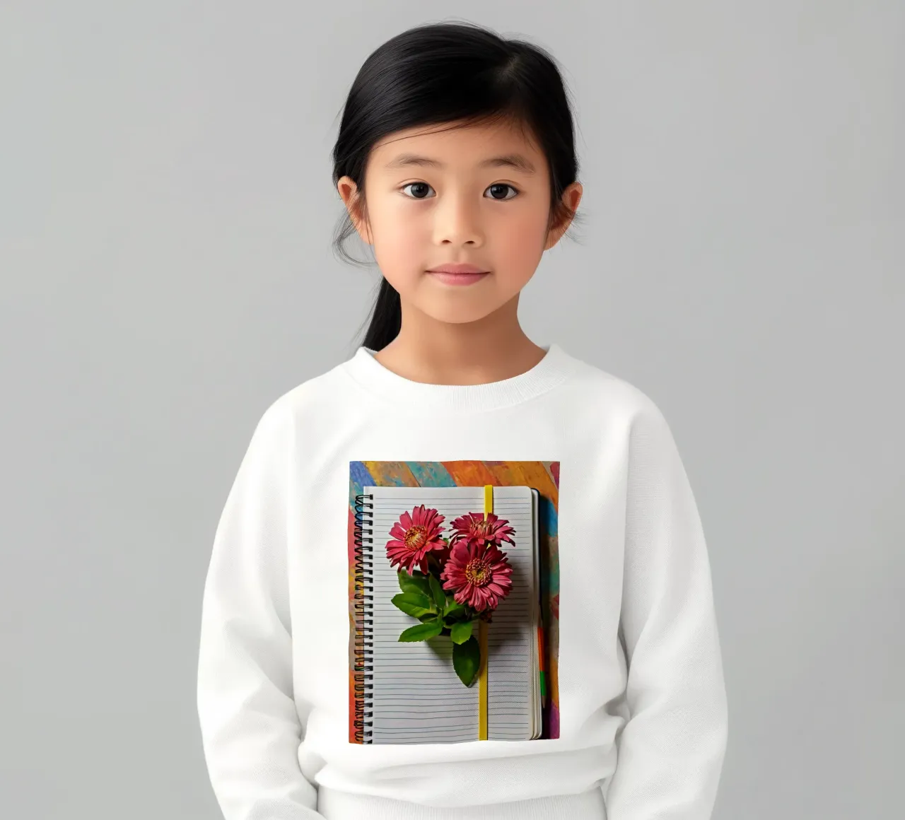 Ein leuchtendes Notizbuch mit rosafarbenen Blumen auf dem Kopf, die Kinder Sweatshirt von DesignDoodle