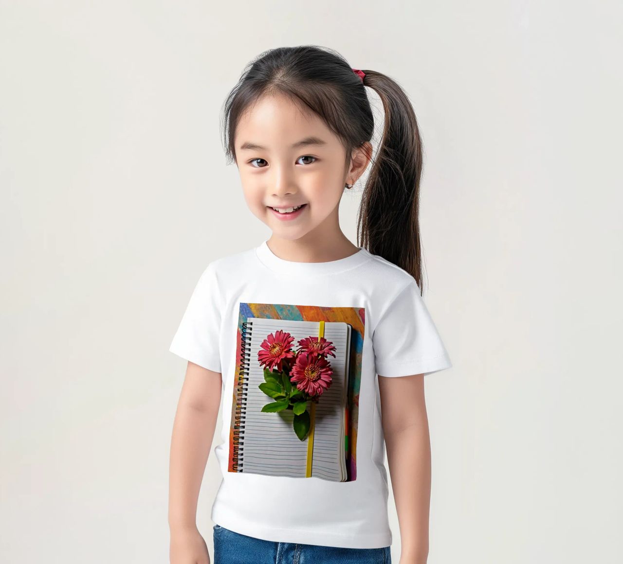 Un taccuino vivace con fiori rosa appoggiati in cima, che mette in mostra t-shirt bambini da DesignDoodle