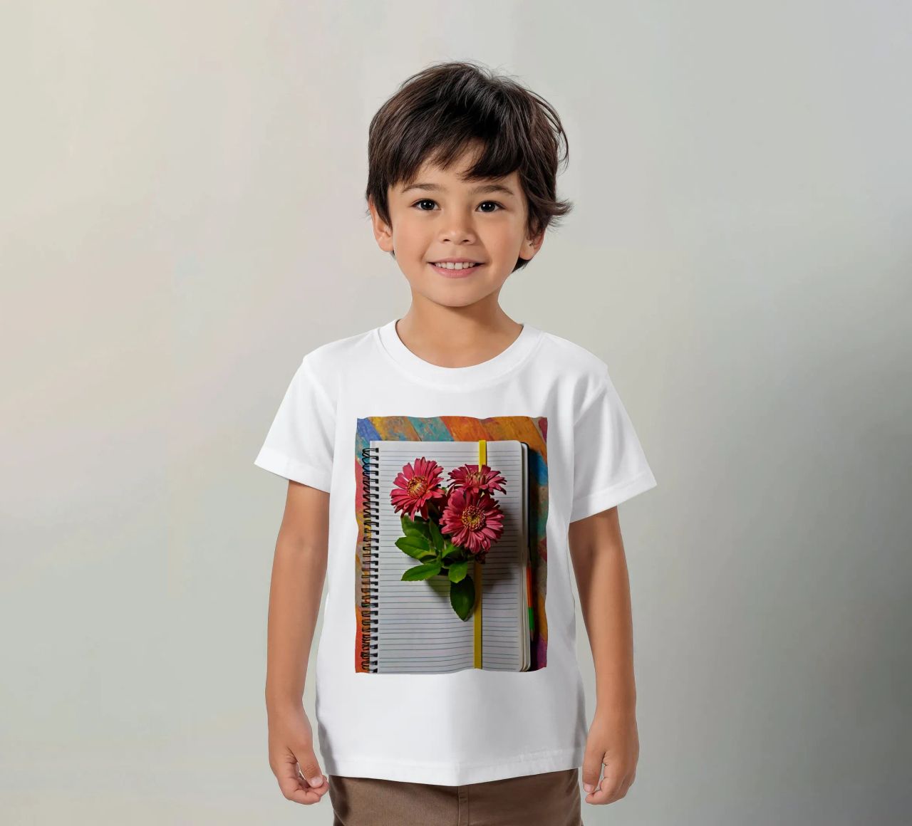 Un taccuino vivace con fiori rosa appoggiati in cima, che mette in mostra t-shirt bambini da DesignDoodle