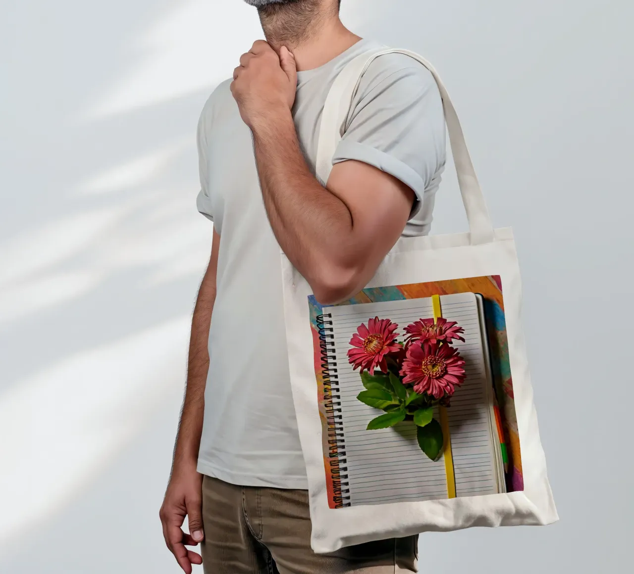 Un taccuino vivace con fiori rosa appoggiati in cima, che mette in mostra borsa in juta da DesignDoodle