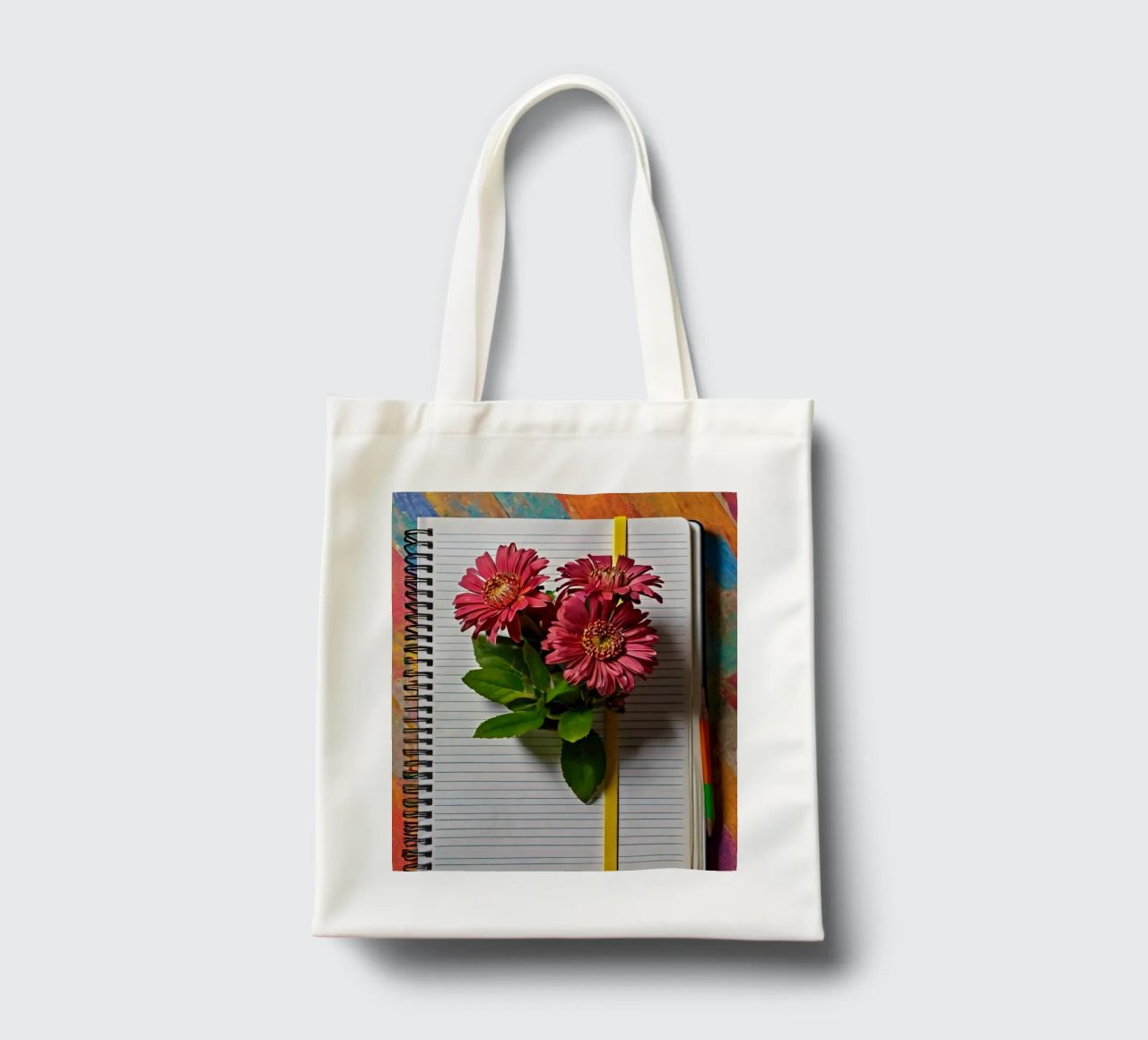 Un taccuino vivace con fiori rosa appoggiati in cima, che mette in mostra borsa in juta da DesignDoodle