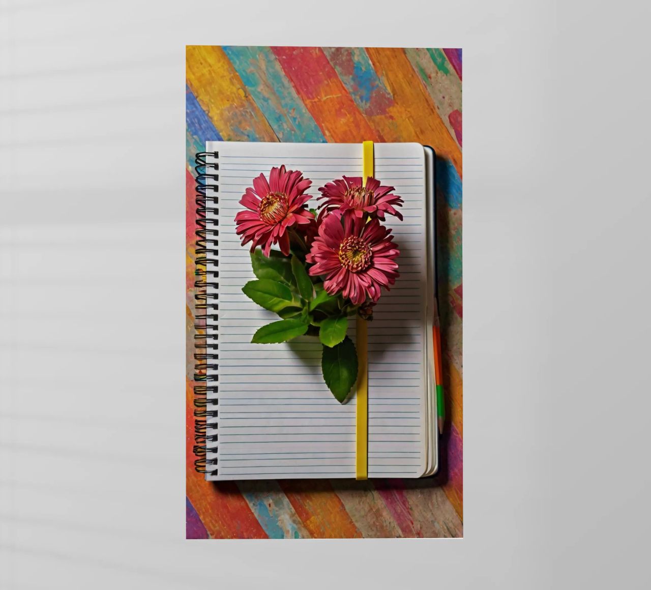 Un taccuino vivace con fiori rosa appoggiati in cima, che mette in mostra pellicola backlit da DesignDoodle