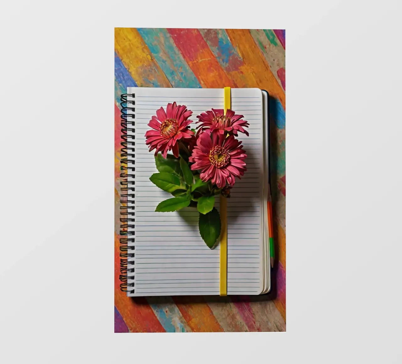 Ein leuchtendes Notizbuch mit rosafarbenen Blumen auf dem Kopf, die Backlit Folie von DesignDoodle