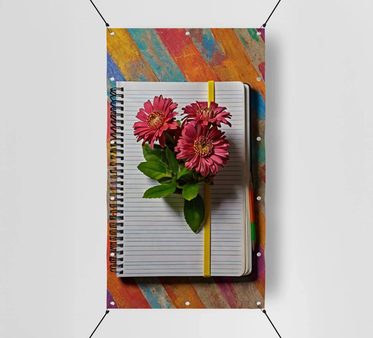 Un taccuino vivace con fiori rosa appoggiati in cima, che mette in mostra telo in pvc da DesignDoodle