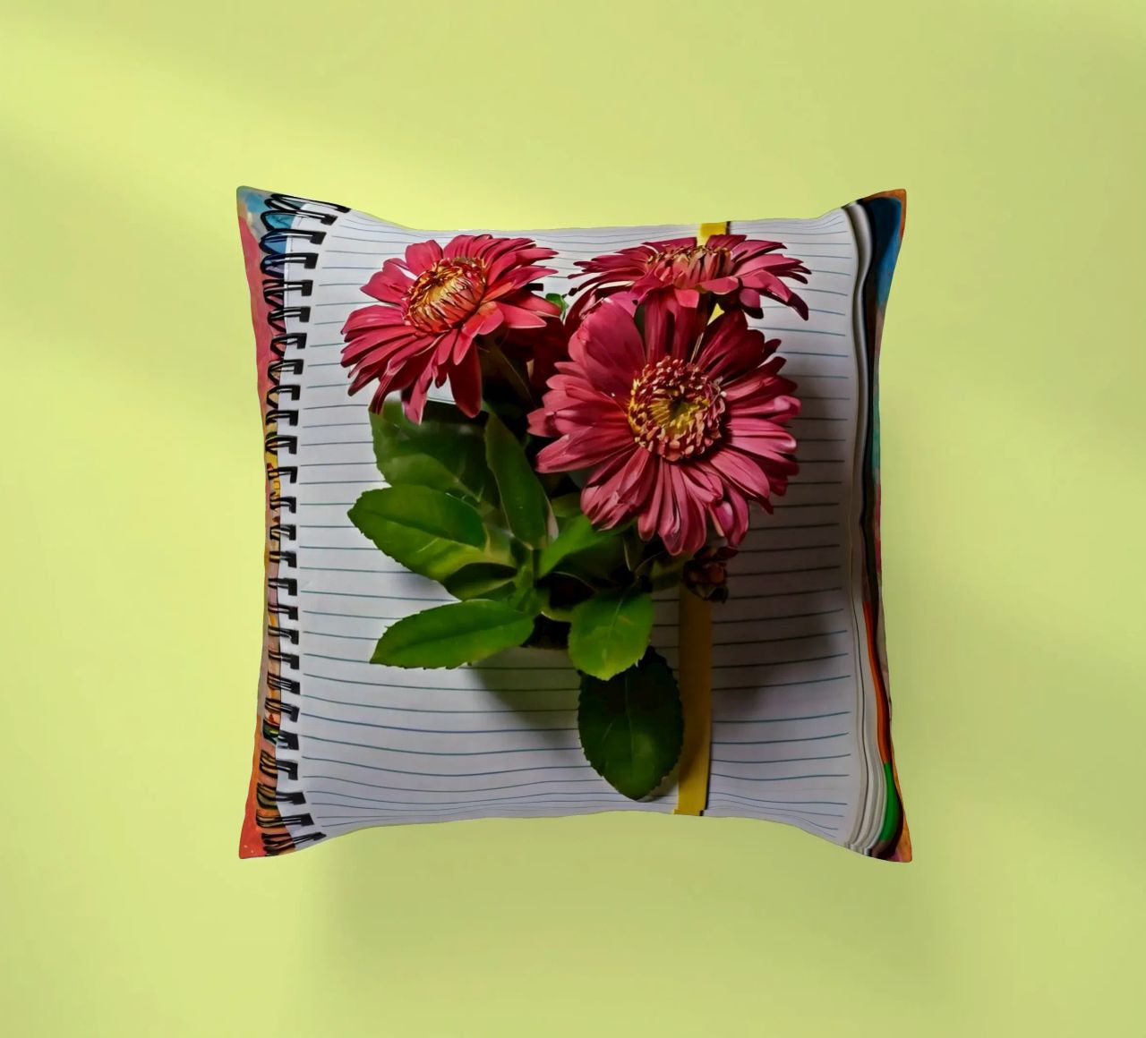 Un taccuino vivace con fiori rosa appoggiati in cima, che mette in mostra cuscino da DesignDoodle