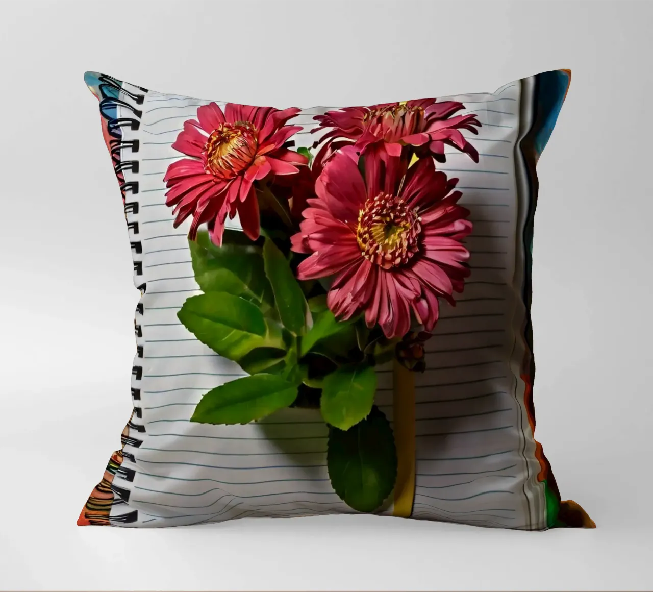 Un carnet de notes vibrant sur lequel reposent des fleurs roses. coussin de DesignDoodle