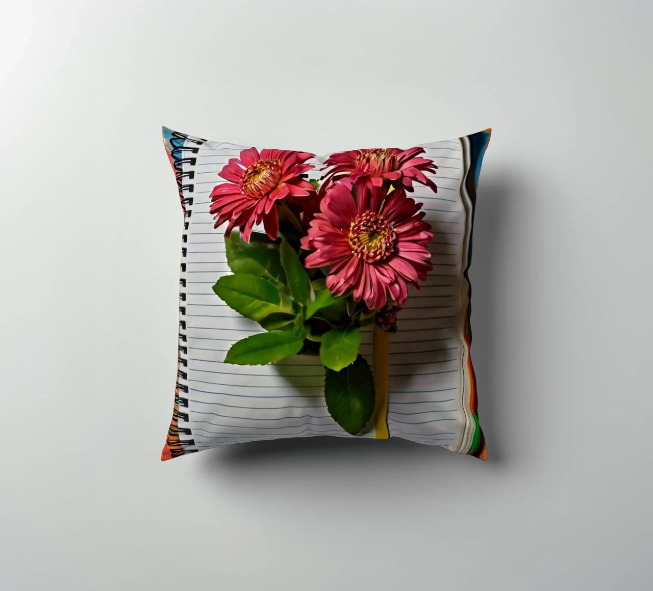 Un taccuino vivace con fiori rosa appoggiati in cima, che mette in mostra cuscino da DesignDoodle