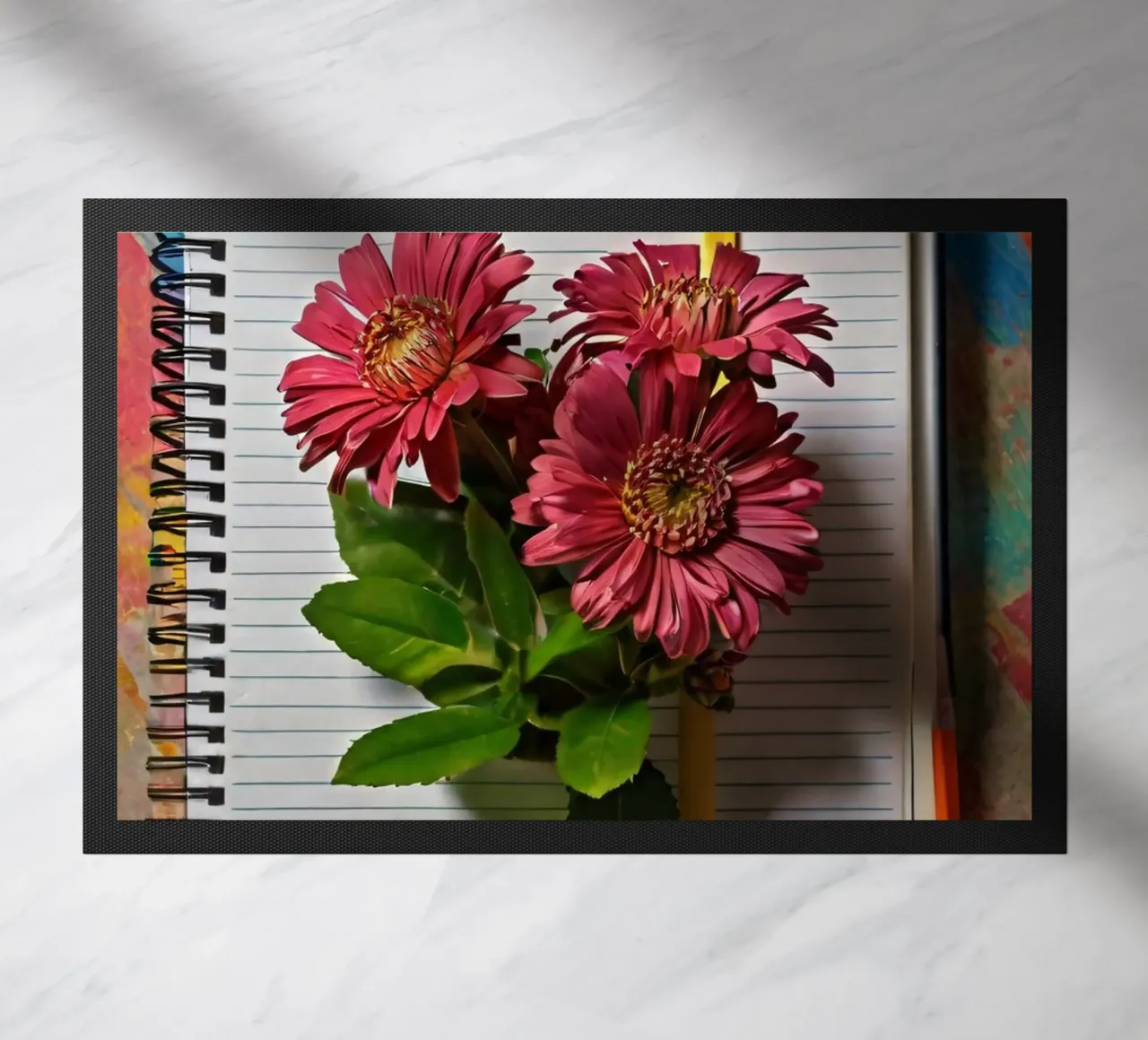Un carnet de notes vibrant sur lequel reposent des fleurs roses. paillasson de DesignDoodle
