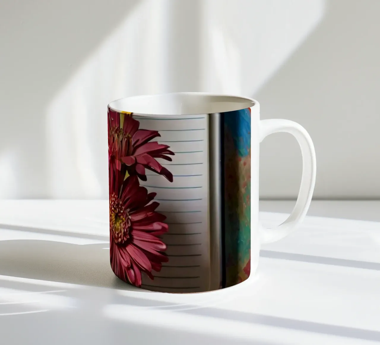 Un carnet de notes vibrant sur lequel reposent des fleurs roses. mug en céramique de DesignDoodle