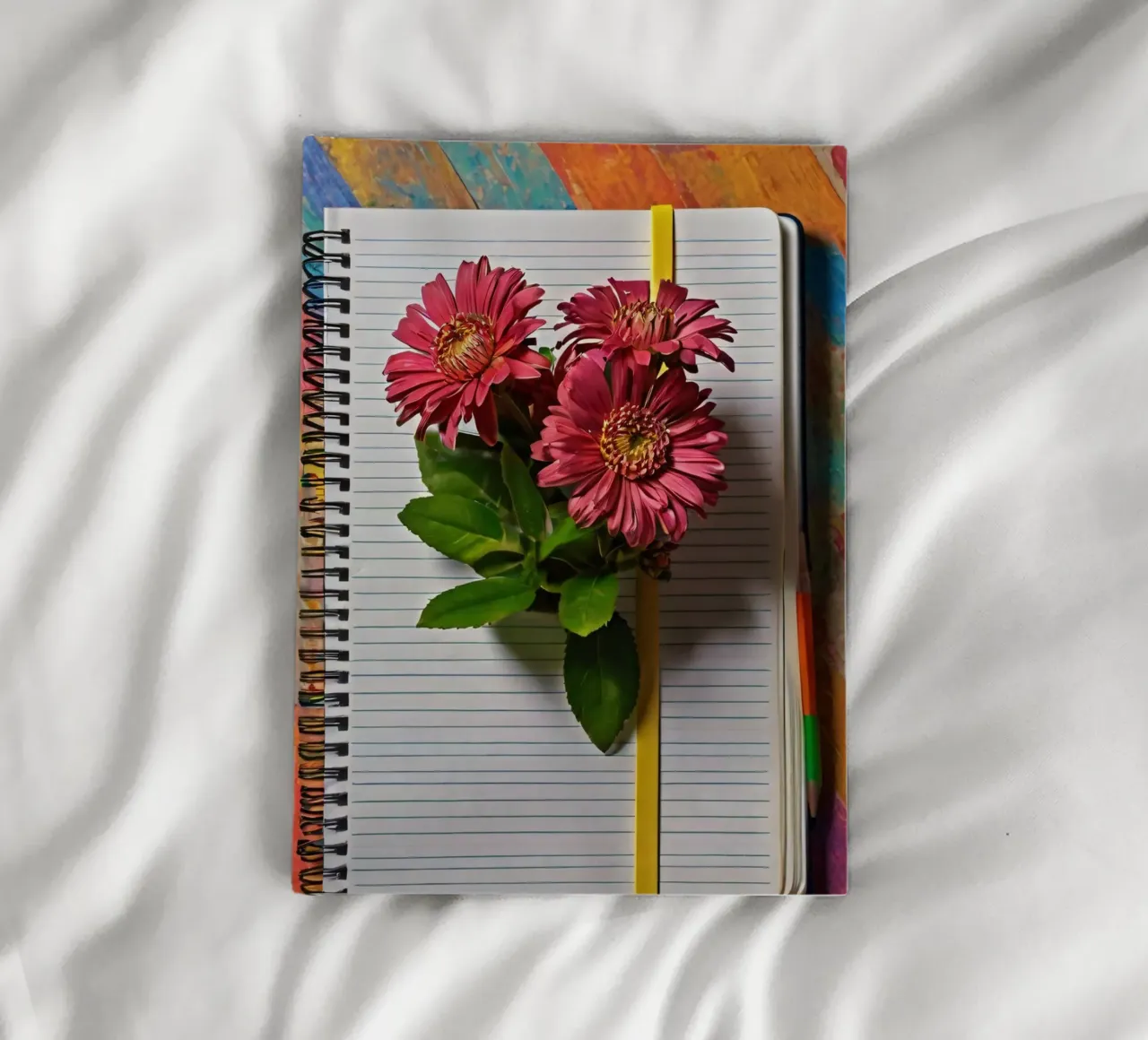 Un taccuino vivace con fiori rosa appoggiati in cima, che mette in mostra diario da DesignDoodle