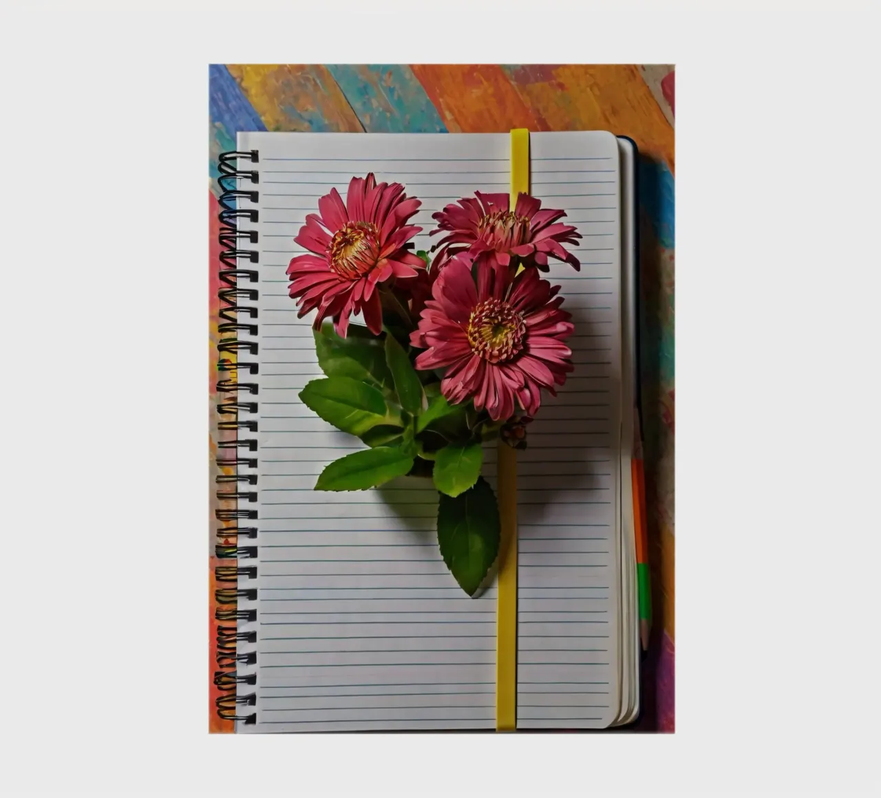 Un taccuino vivace con fiori rosa appoggiati in cima, che mette in mostra diario da DesignDoodle