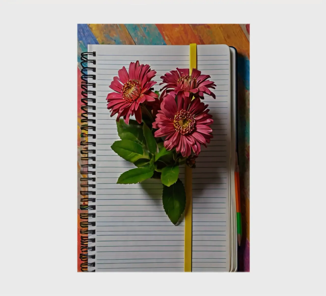 Un taccuino vivace con fiori rosa appoggiati in cima, che mette in mostra diario da DesignDoodle