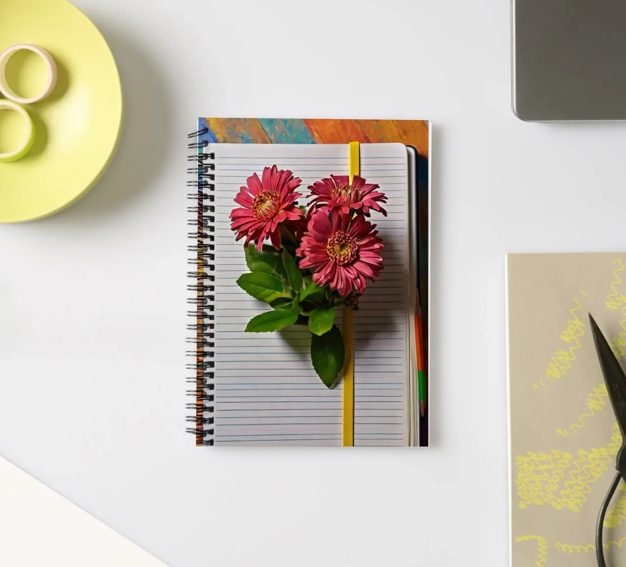 Un taccuino vivace con fiori rosa appoggiati in cima, che mette in mostra diario ad anelli da DesignDoodle