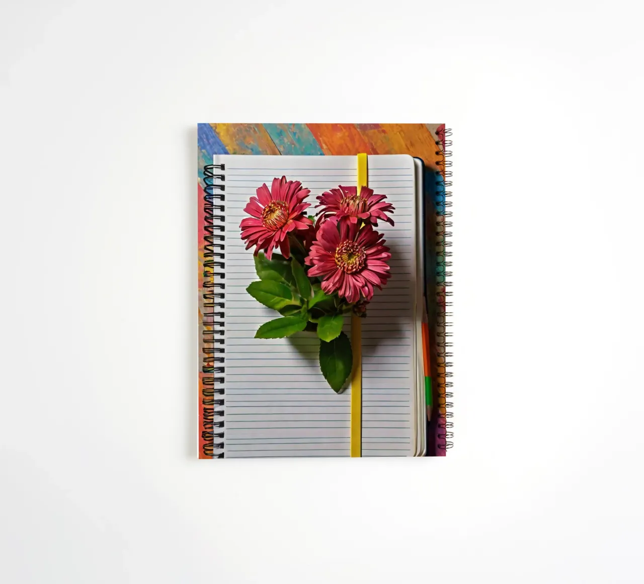 Un taccuino vivace con fiori rosa appoggiati in cima, che mette in mostra diario ad anelli da DesignDoodle
