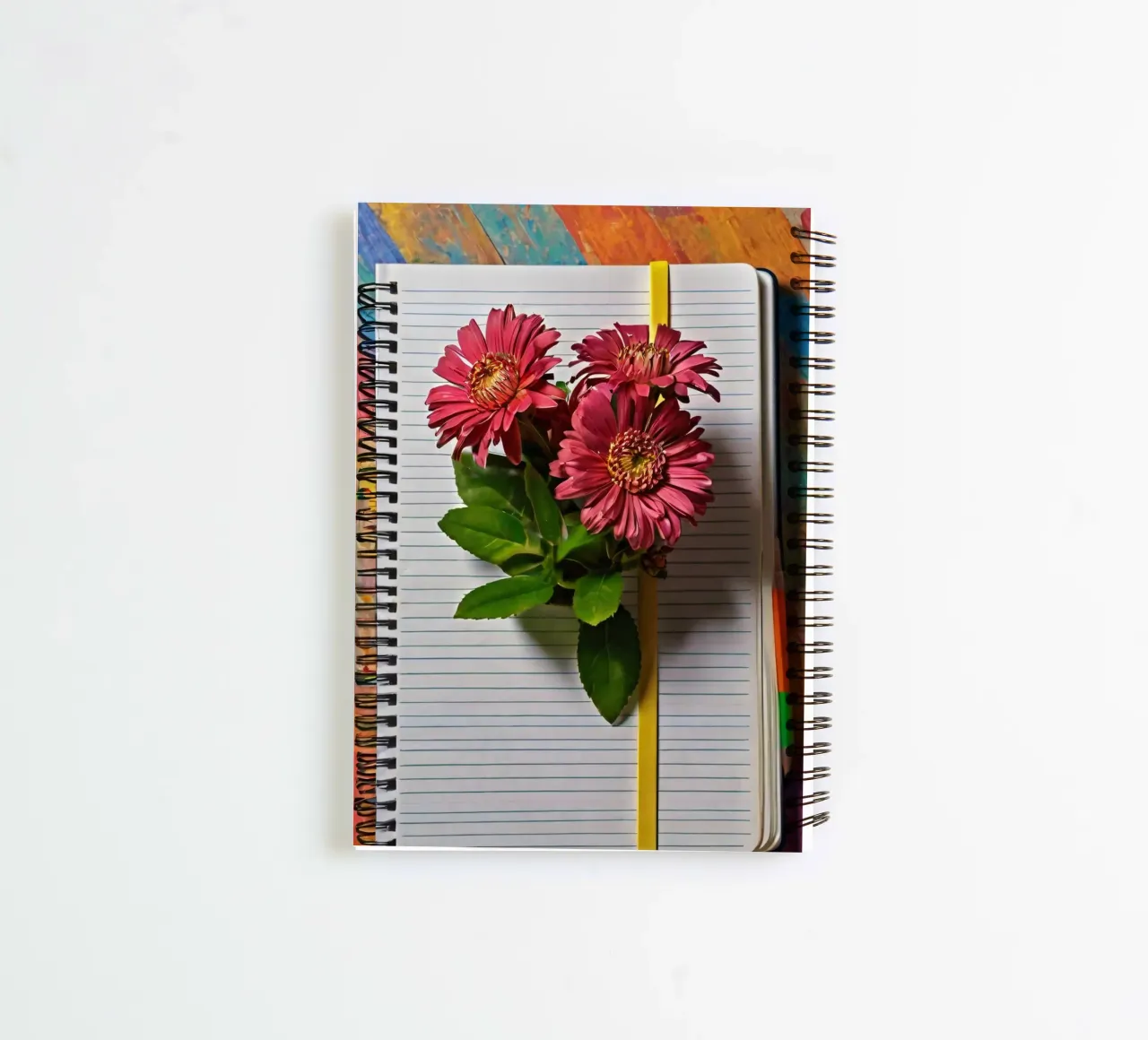 Un taccuino vivace con fiori rosa appoggiati in cima, che mette in mostra diario ad anelli da DesignDoodle