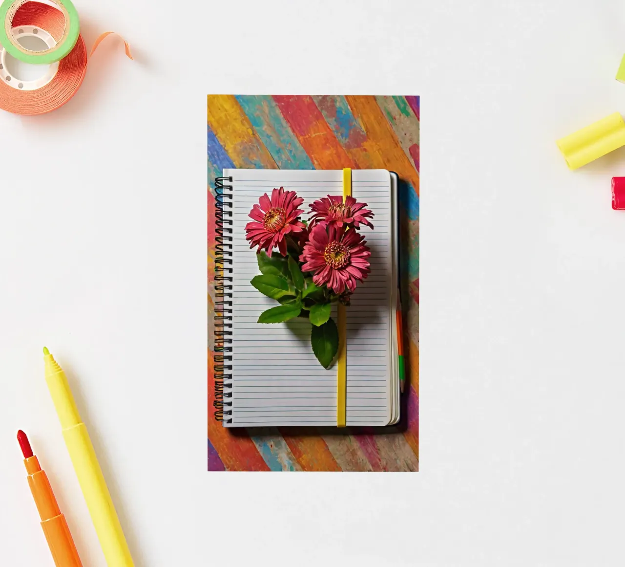 Un taccuino vivace con fiori rosa appoggiati in cima, che mette in mostra adesivo da DesignDoodle