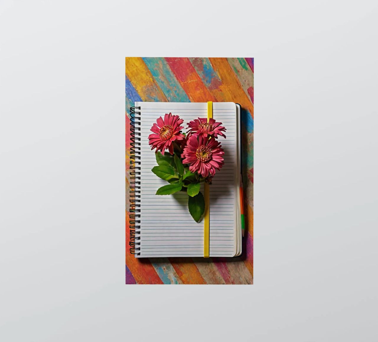 Un taccuino vivace con fiori rosa appoggiati in cima, che mette in mostra adesivo da DesignDoodle