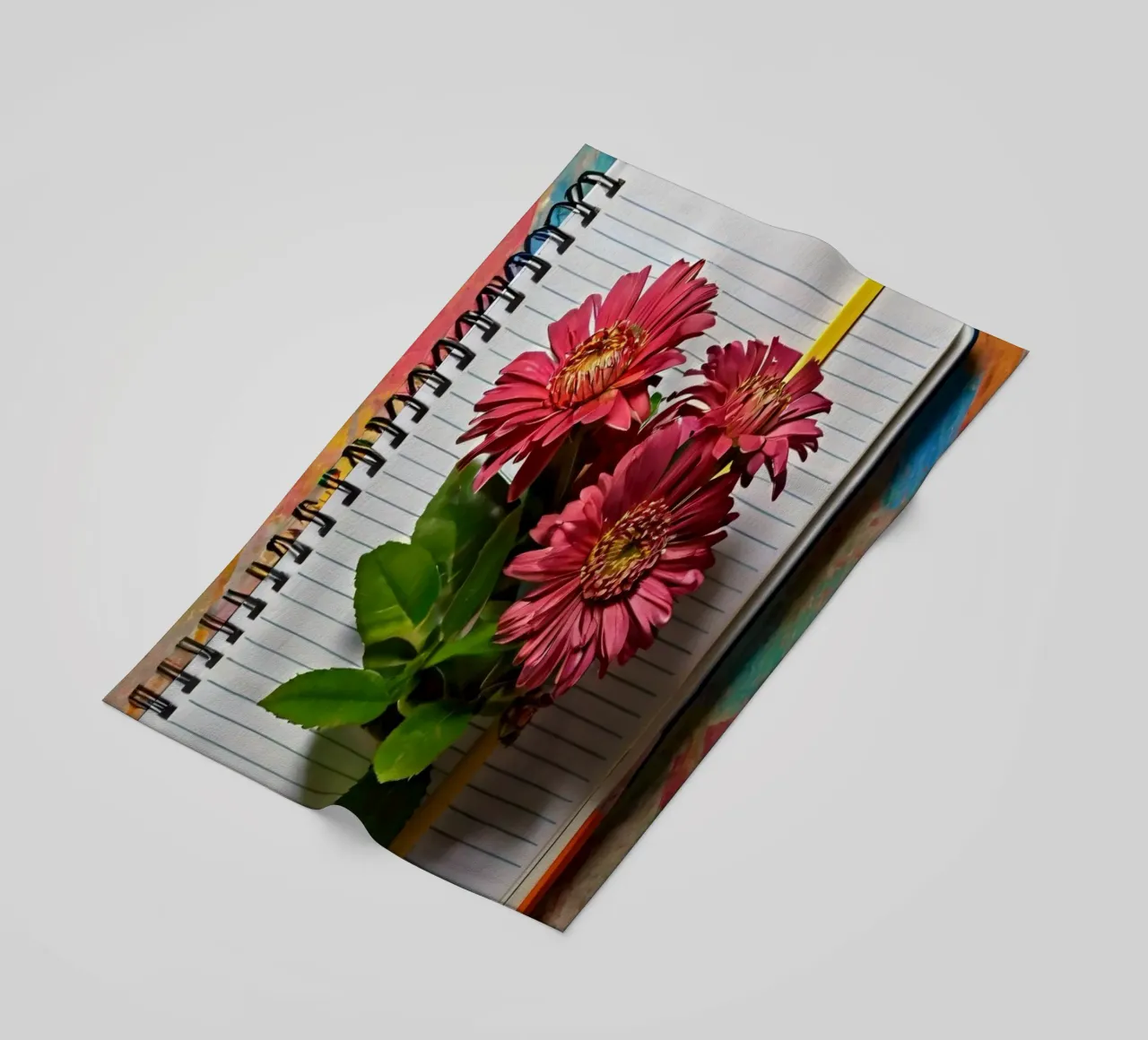 Ein leuchtendes Notizbuch mit rosafarbenen Blumen auf dem Kopf, die Strandtuch von DesignDoodle