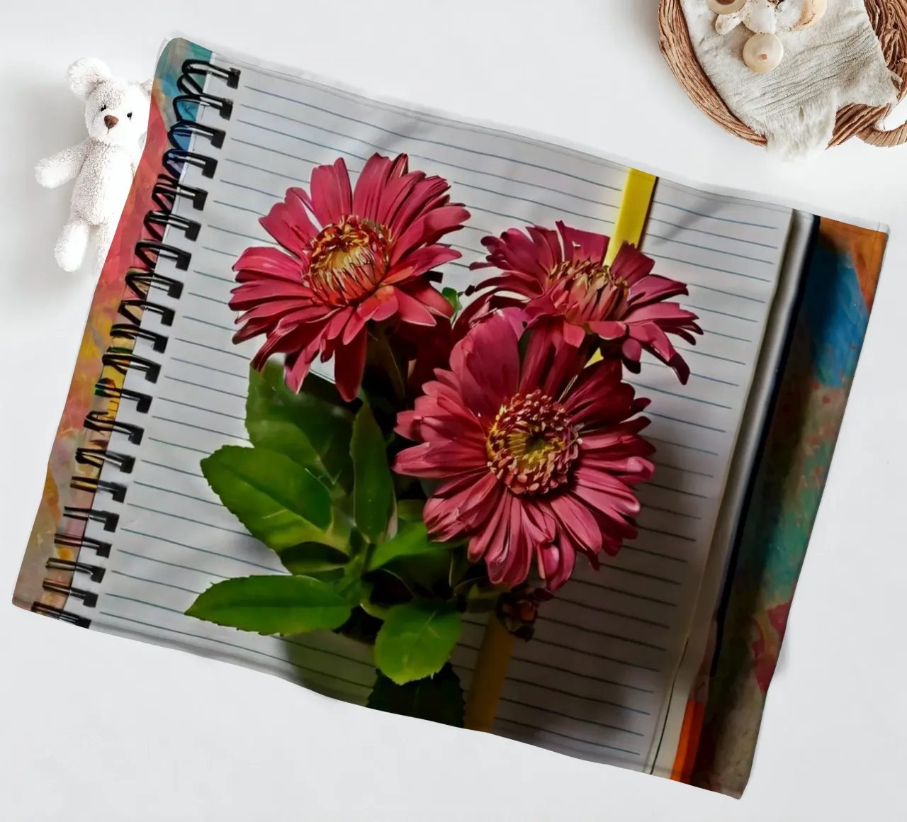 Un taccuino vivace con fiori rosa appoggiati in cima, che mette in mostra coperta in pile da DesignDoodle