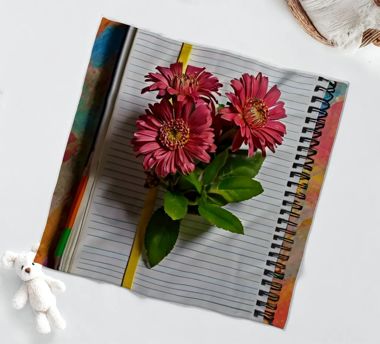 Un taccuino vivace con fiori rosa appoggiati in cima, che mette in mostra coperta in pile da DesignDoodle