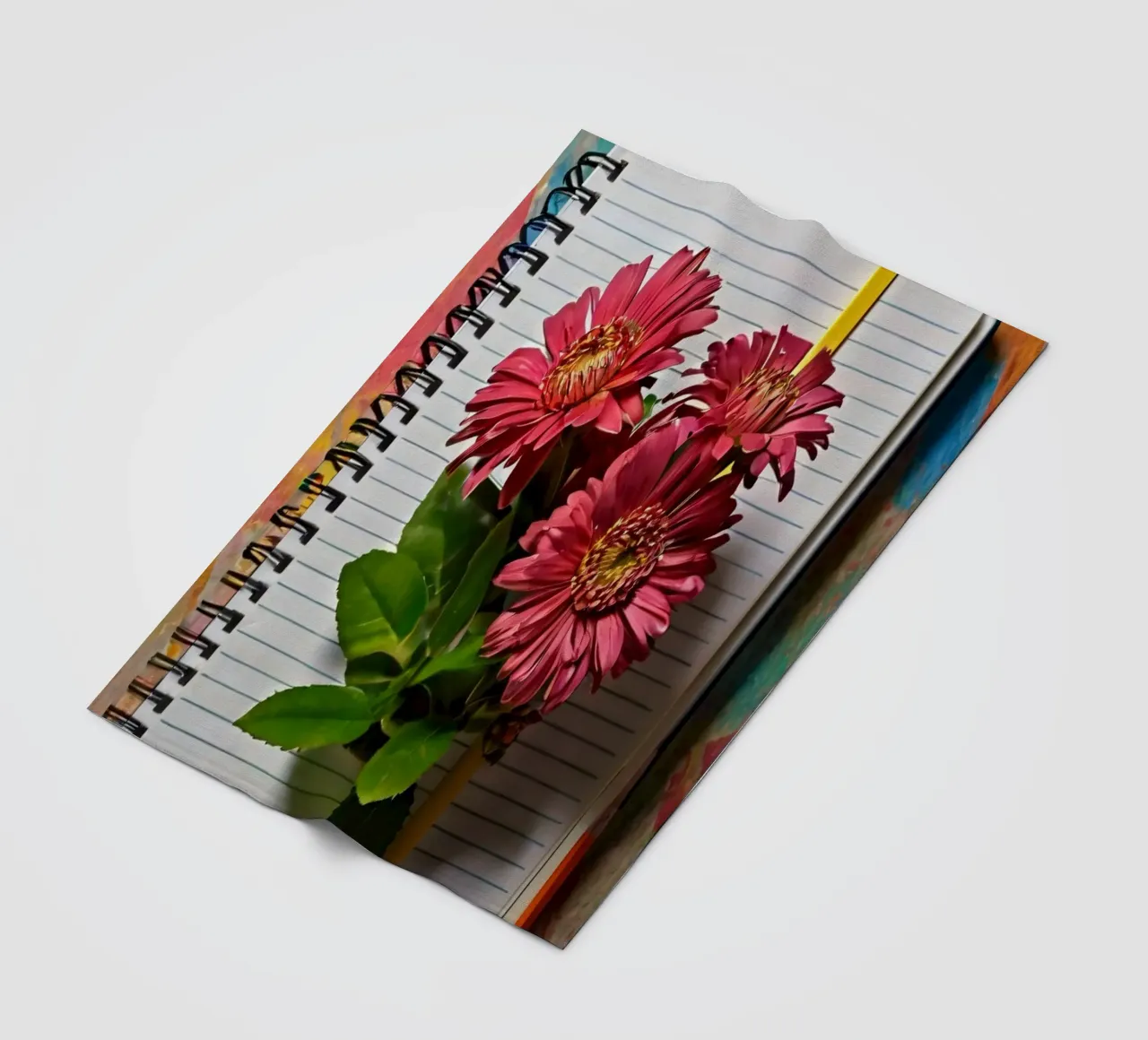 Un taccuino vivace con fiori rosa appoggiati in cima, che mette in mostra coperta in pile da DesignDoodle