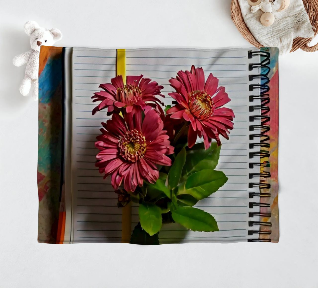 Un taccuino vivace con fiori rosa appoggiati in cima, che mette in mostra coperta in pile da DesignDoodle
