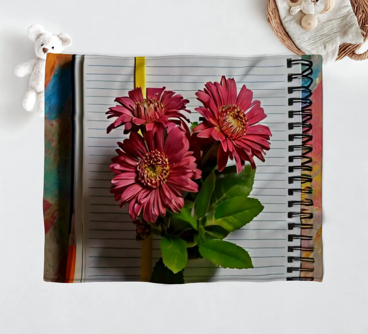 Un taccuino vivace con fiori rosa appoggiati in cima, che mette in mostra coperta in pile da DesignDoodle