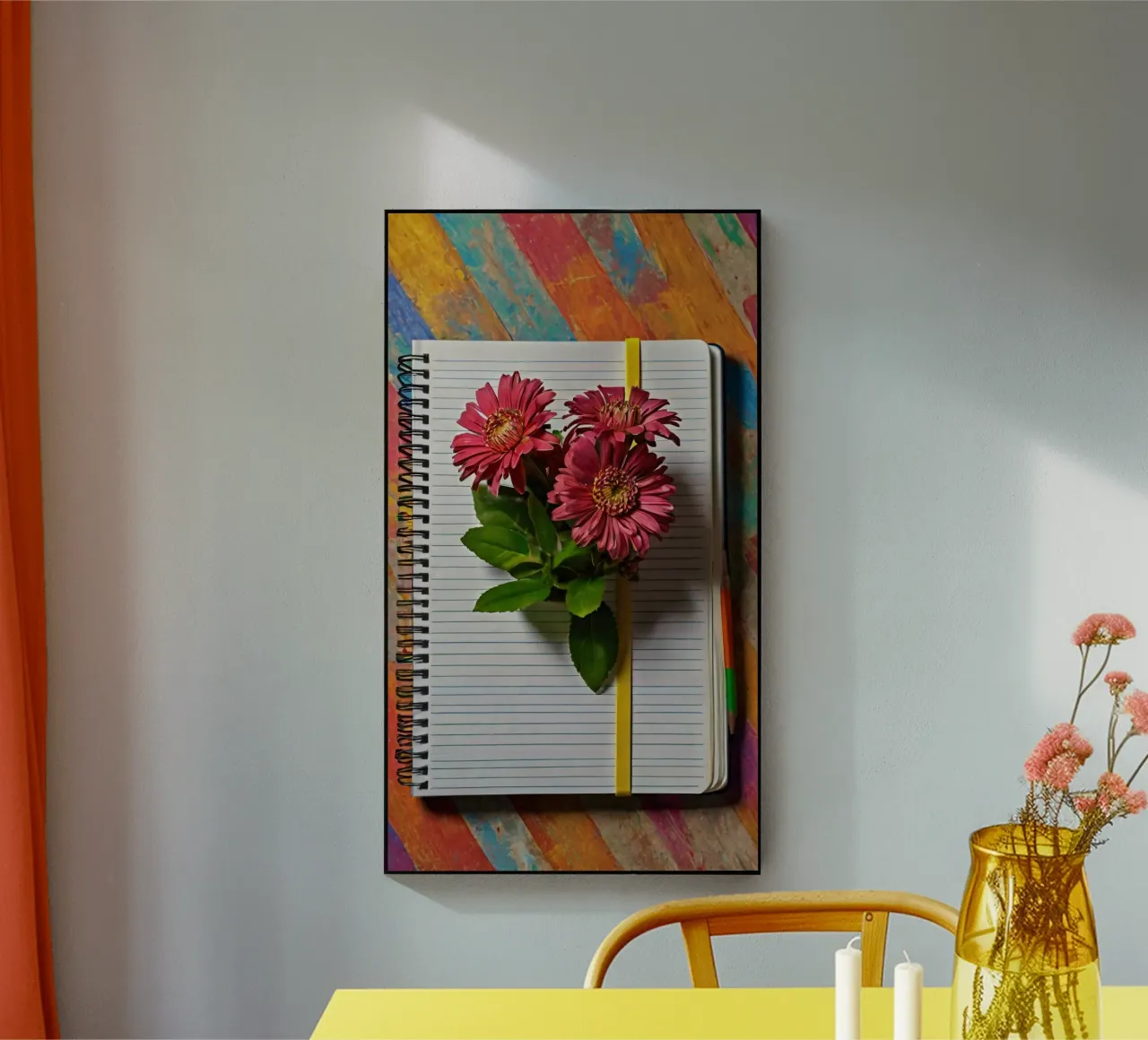 Un taccuino vivace con fiori rosa appoggiati in cima, che mette in mostra plexiglass da DesignDoodle