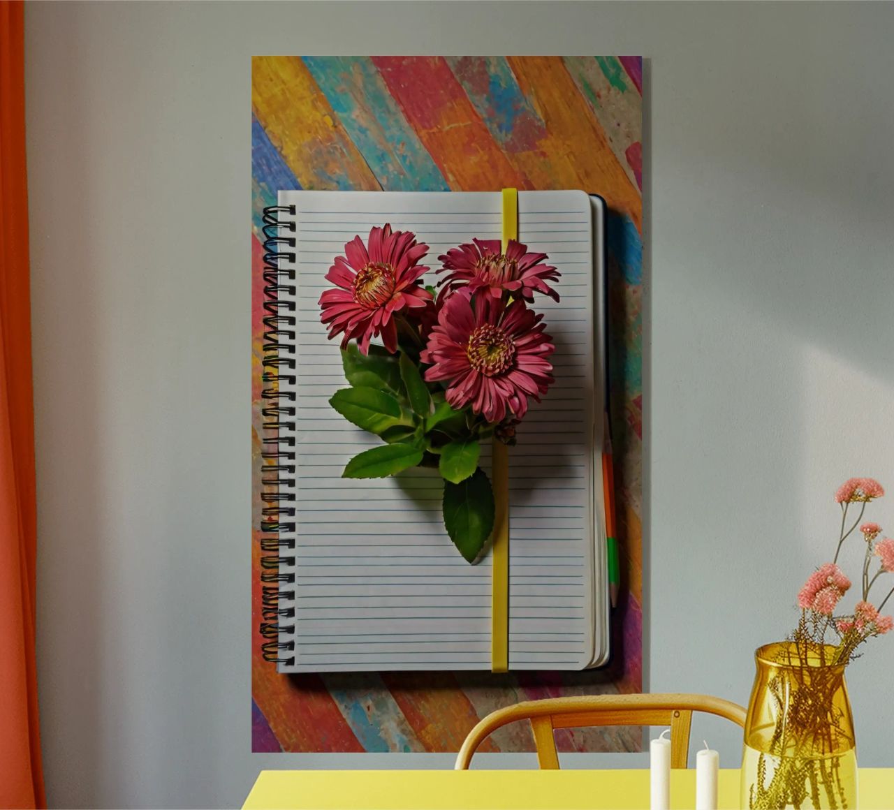 Un taccuino vivace con fiori rosa appoggiati in cima, che mette in mostra plexiglass da DesignDoodle